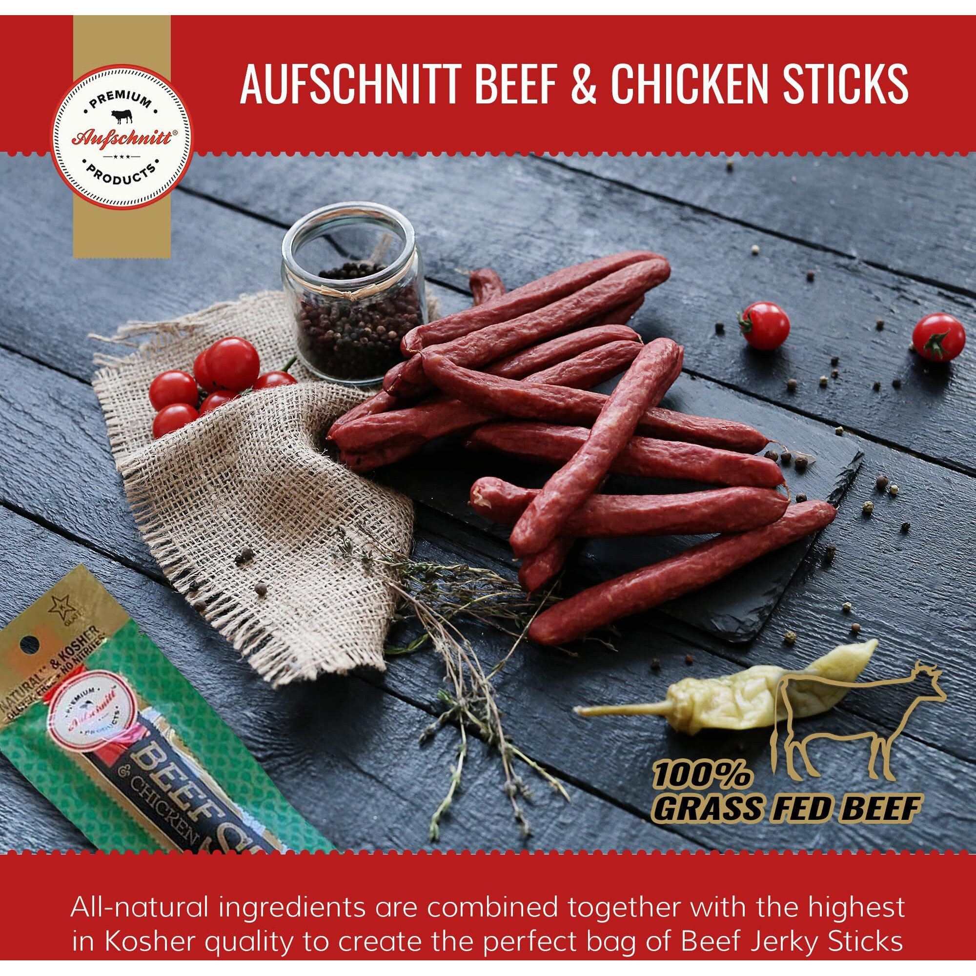 Aufschnitt Grass Fed Beef Jerky Sticks - Low Sodium, Certified Kosher - Halal And Keto Friendly - 10 Pack, Variety