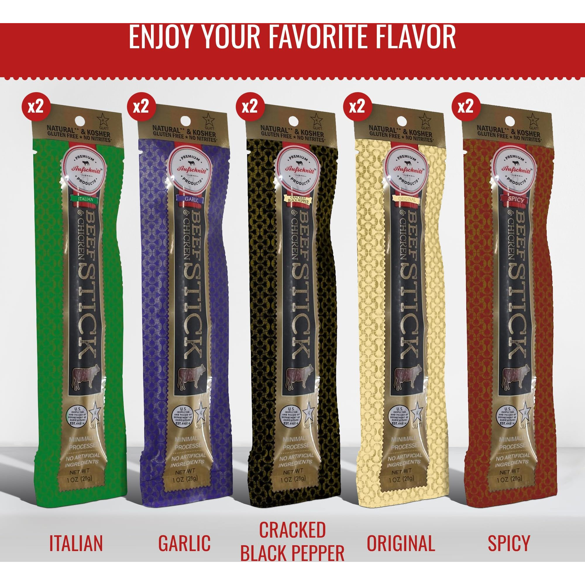 Aufschnitt Grass Fed Beef Jerky Sticks - Low Sodium, Certified Kosher - Halal And Keto Friendly - 10 Pack, Variety