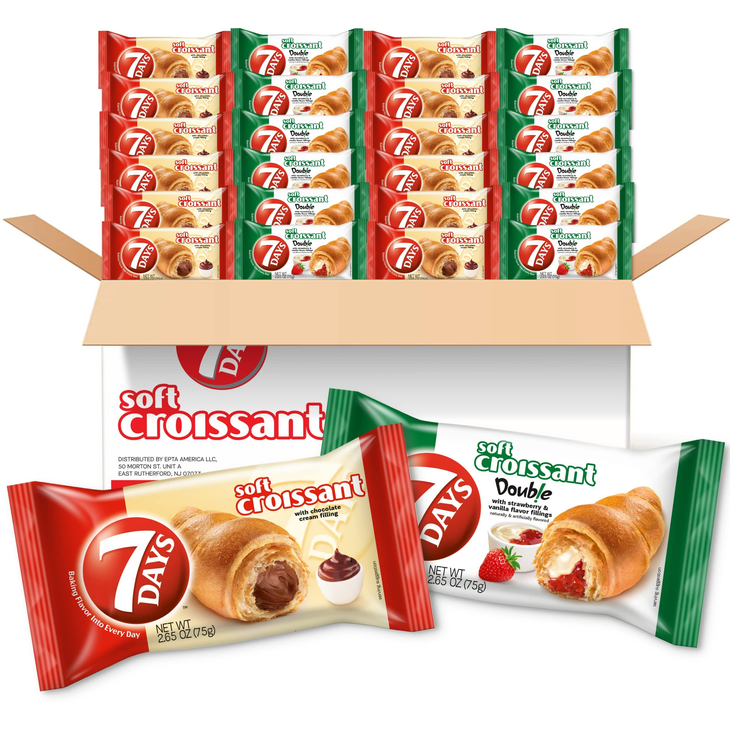 7Days Soft Croissant Variety Pack (24 Count), 12 Chocolate, 12 Strawberry Vanilla, Breakfast Pastry, Individually Wrapped On The Go Snack (Pack Of 24)
