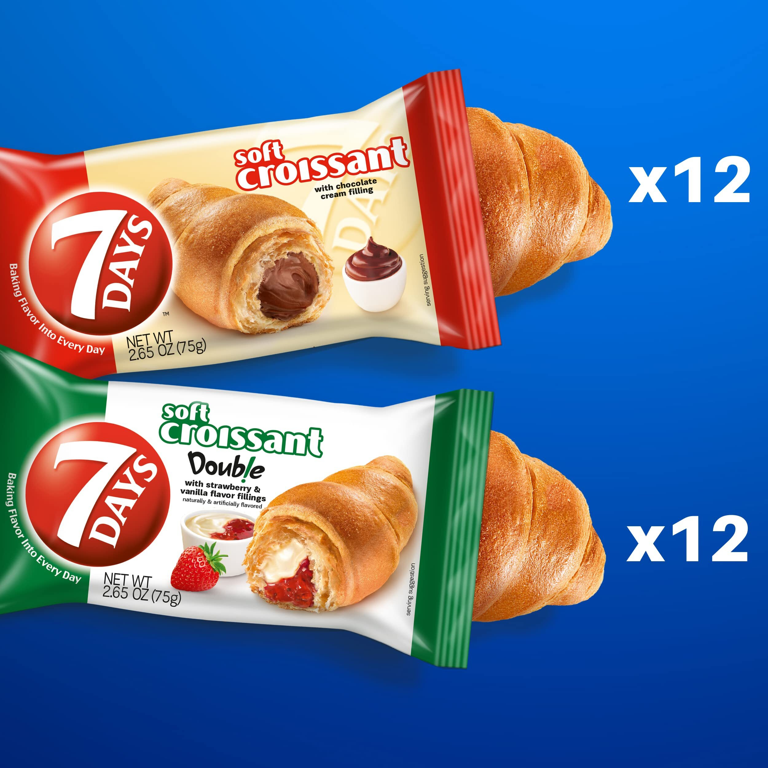 7Days Soft Croissant Variety Pack (24 Count), 12 Chocolate, 12 Strawberry Vanilla, Breakfast Pastry, Individually Wrapped On The Go Snack (Pack Of 24)