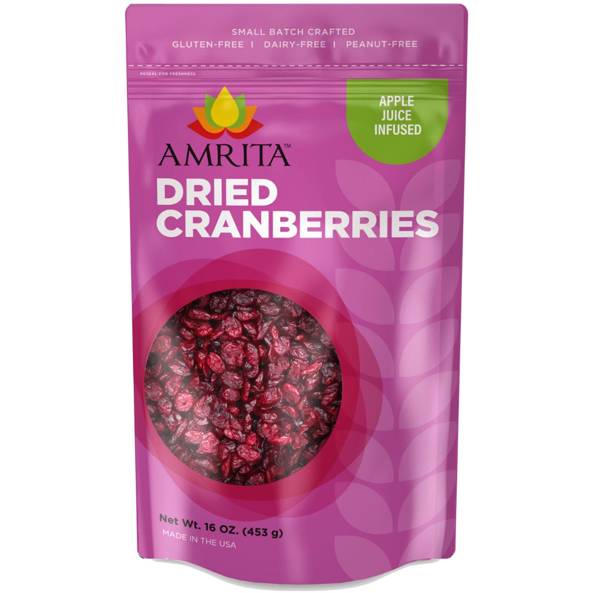 Amrita Dried Cranberries 1 Lb | Sweetened With Apple Juice, Unsulfured, Gluten Free, Non-Gmo, No Preservatives | Packed Fresh In Resealable Bags | Fruit Snacks, Salads, Baking