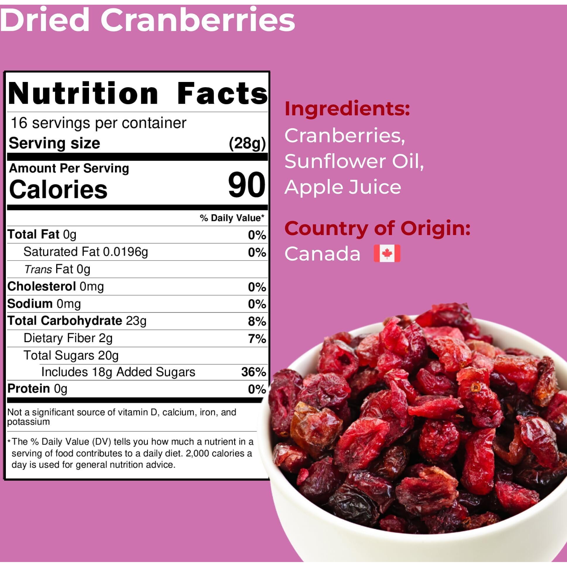 Amrita Dried Cranberries 1 Lb | Sweetened With Apple Juice, Unsulfured, Gluten Free, Non-Gmo, No Preservatives | Packed Fresh In Resealable Bags | Fruit Snacks, Salads, Baking