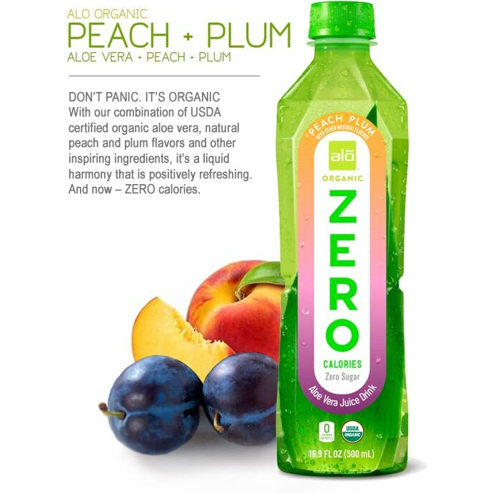Alo Organic Zero Aloe Vera Juice, Peach + Plum | 16.9 Fl Oz, Pack Of 12 | Zero Calorie, Aloe Vera Sugar Plant-Based Drink