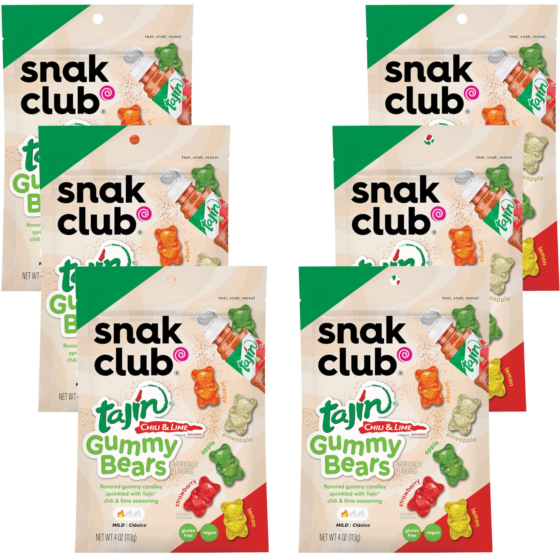 Snak Club Tajin Gummy Bears, Assorted Fruit Candy Gummies With Chili And Lime Seasoning, Mild, Gluten-Free And Vegan Snacks, 4 Oz Resealable Bags, 6 Pack