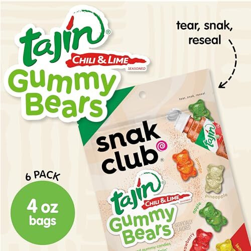 Snak Club Tajin Gummy Bears, Assorted Fruit Candy Gummies With Chili And Lime Seasoning, Mild, Gluten-Free And Vegan Snacks, 4 Oz Resealable Bags, 6 Pack