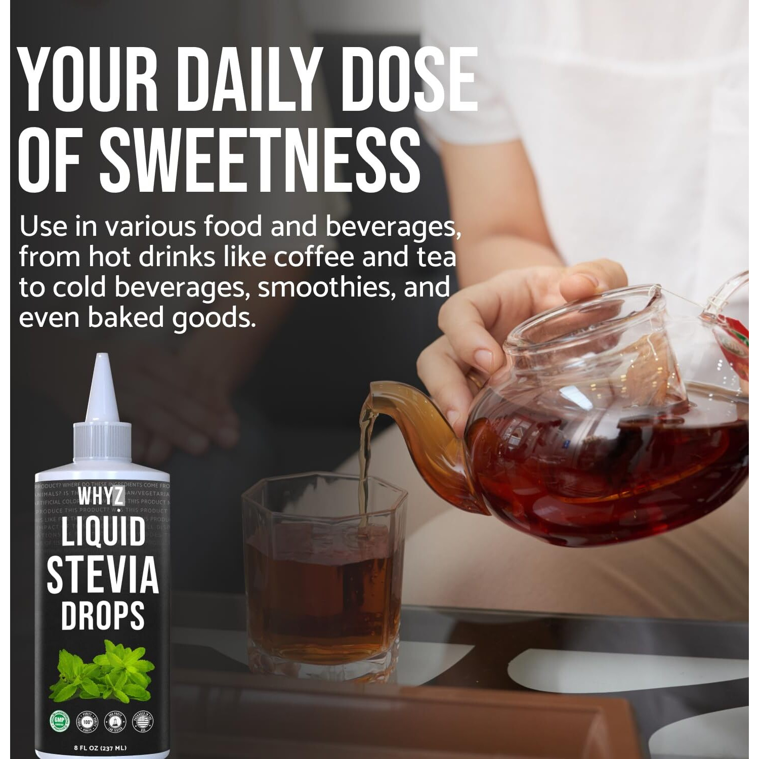 Whyz Liquid Stevia Drops 8Oz, Natural Stevia Liquid Sweetener From Stevia Extract, Pure Stevia Sweetener, Plant-Based Stevia Coffee Syrup, Zero Calorie Sweetener, Non-Gmo, Gluten-Free, 1,183 Servings