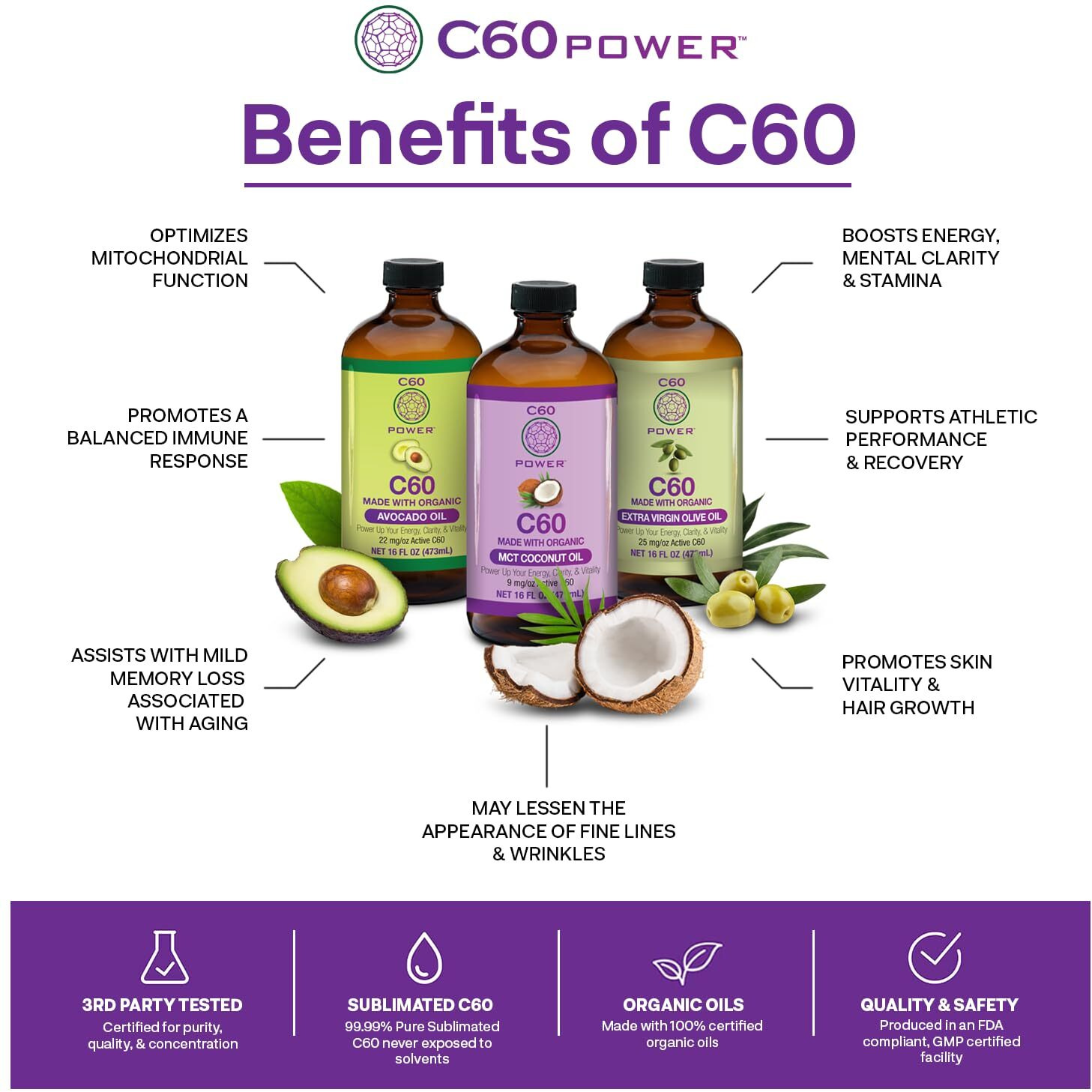 C60 Purple Power Organic Extra Virgin Olive Oil, 4 Fl Oz Organic Cold-Pressed Olive Oil, 99.99% Pure C60 Carbon Fullerenes, Lift The Oxidative Burden At The Cellular Level, Optimize Mitochondrial Function