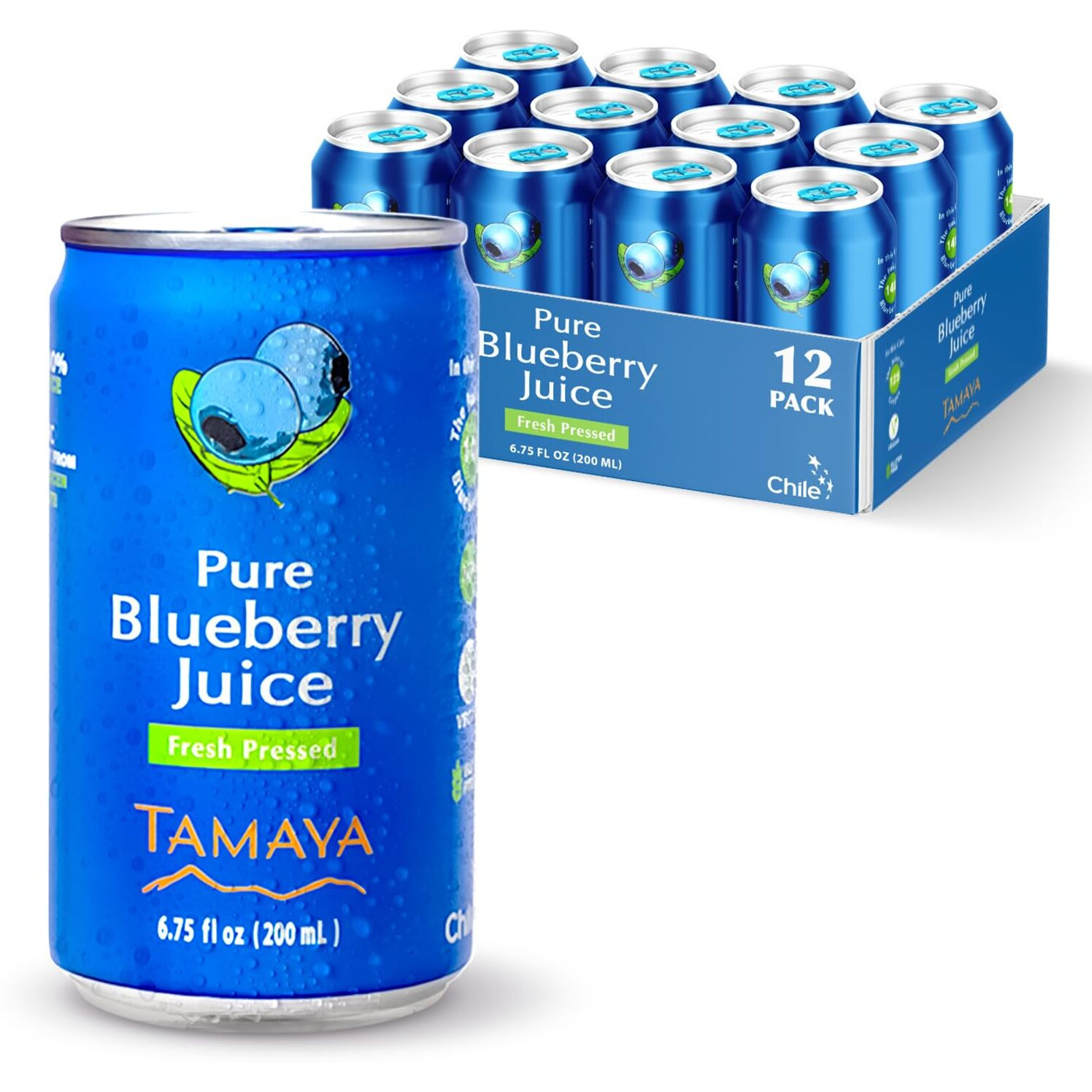 Tamaya Blueberry Juice - Pure Blueberries Fresh Pressed With No Sugar Added - Delicious Refreshing Juice - No Gluten, Vegan Friendly - No Water Mix, Not From Concentrate 6.75 Fl Oz Mini Cans, Pack Of 12, Chile