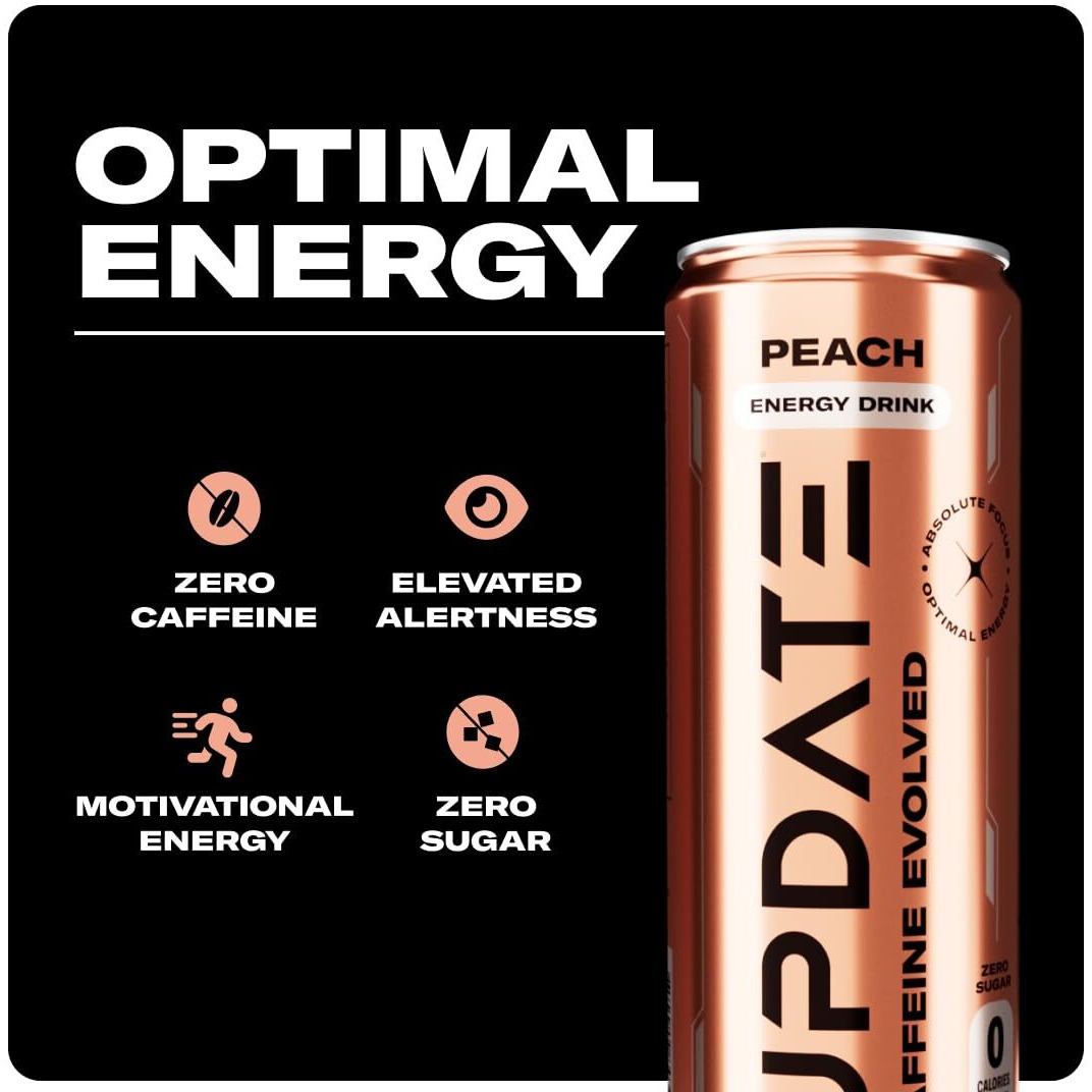 Drink Update Energy Drink With Paraxanthine - Jitter Free, Crash Free, No Overstimulation, No Withdrawal - Caffeine And Sugar Free (Peach, 12 Pack)