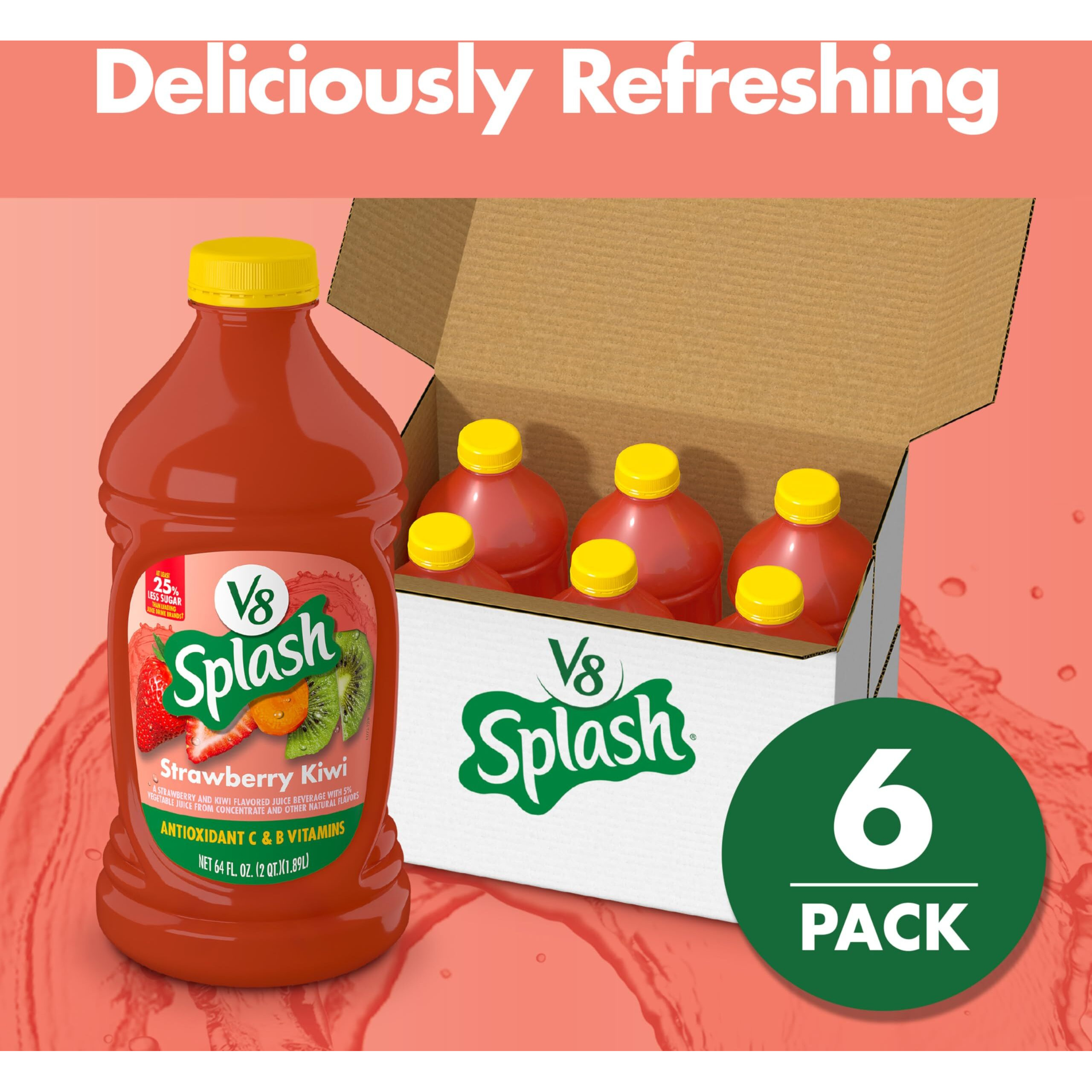V8 Splash Strawberry Kiwi Flavored Juice Beverage, 64 Fl Oz Bottle (6 Pack)