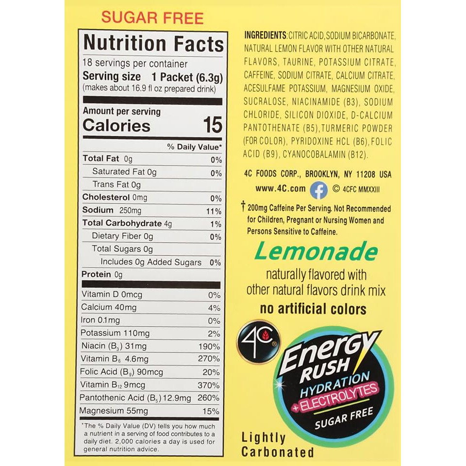 4C Energy Rush Psd With Electrolytes 18Ct Lemonade, Single Serve Water Flavoring Packets, On The Go Bundle