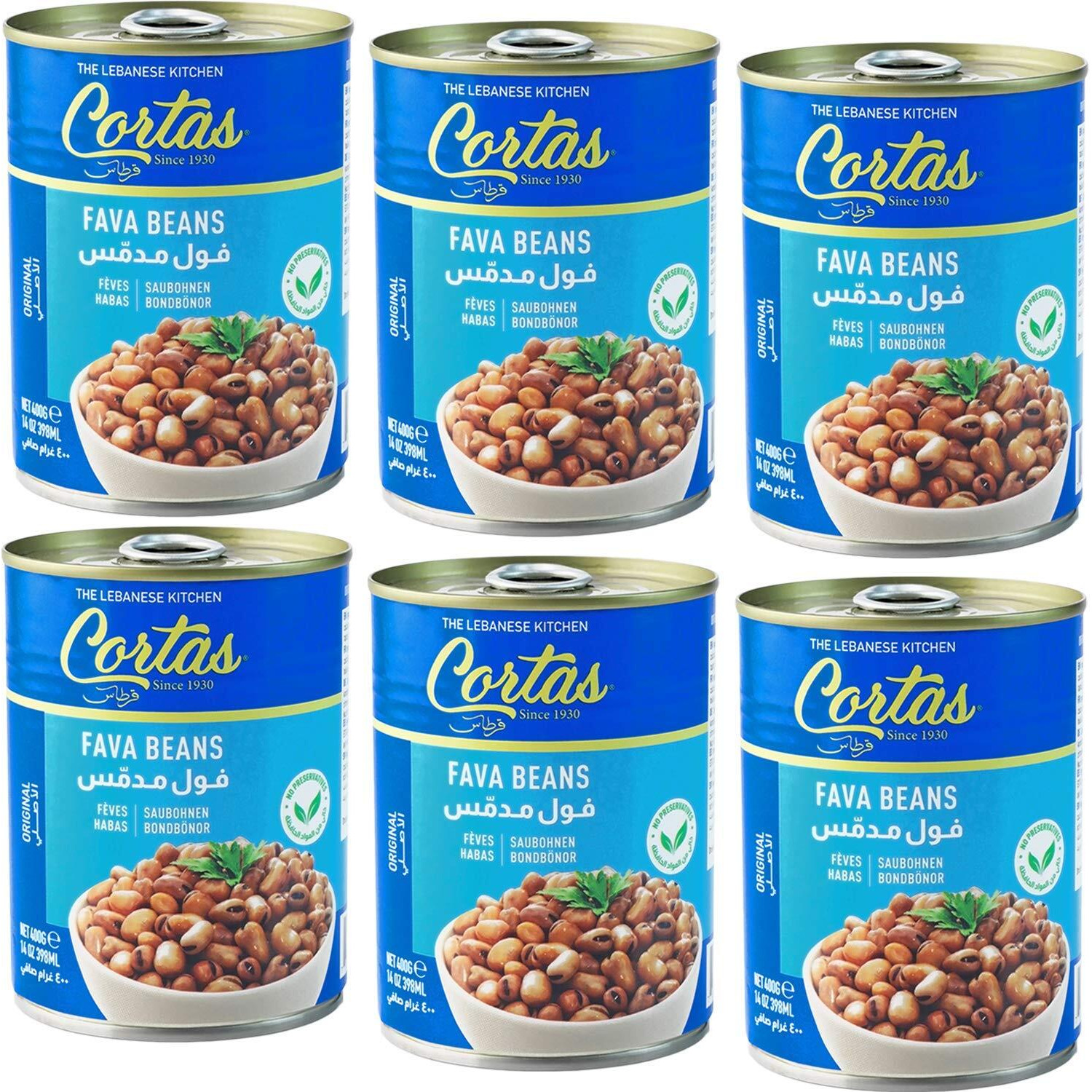 Cortas - Fava Beans 14Oz (6 Pack), Rte Cooked Foul Medammas (Original, Plain)