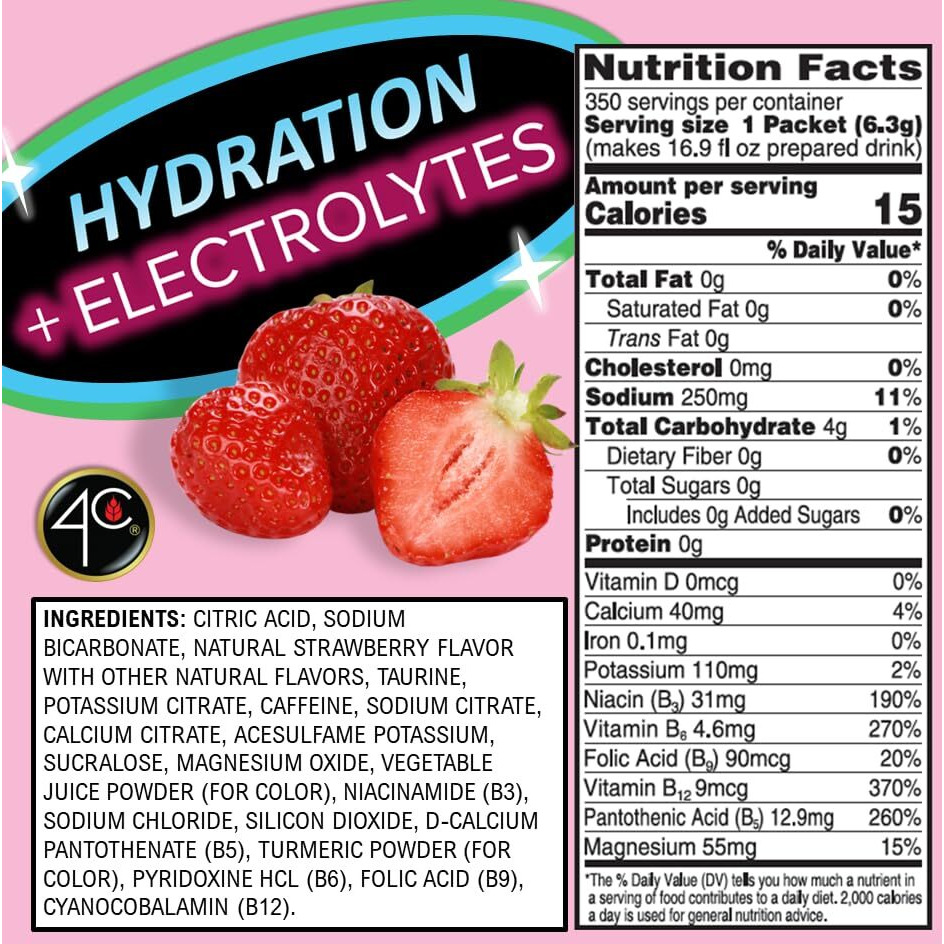 4C Powder Energy Rush Stix, Energy Rush - Strawberry Electrolyte 350 Count, Bulk Buy, Singles Stix, On The Go, Refreshing Water Flavorings, Value Pack