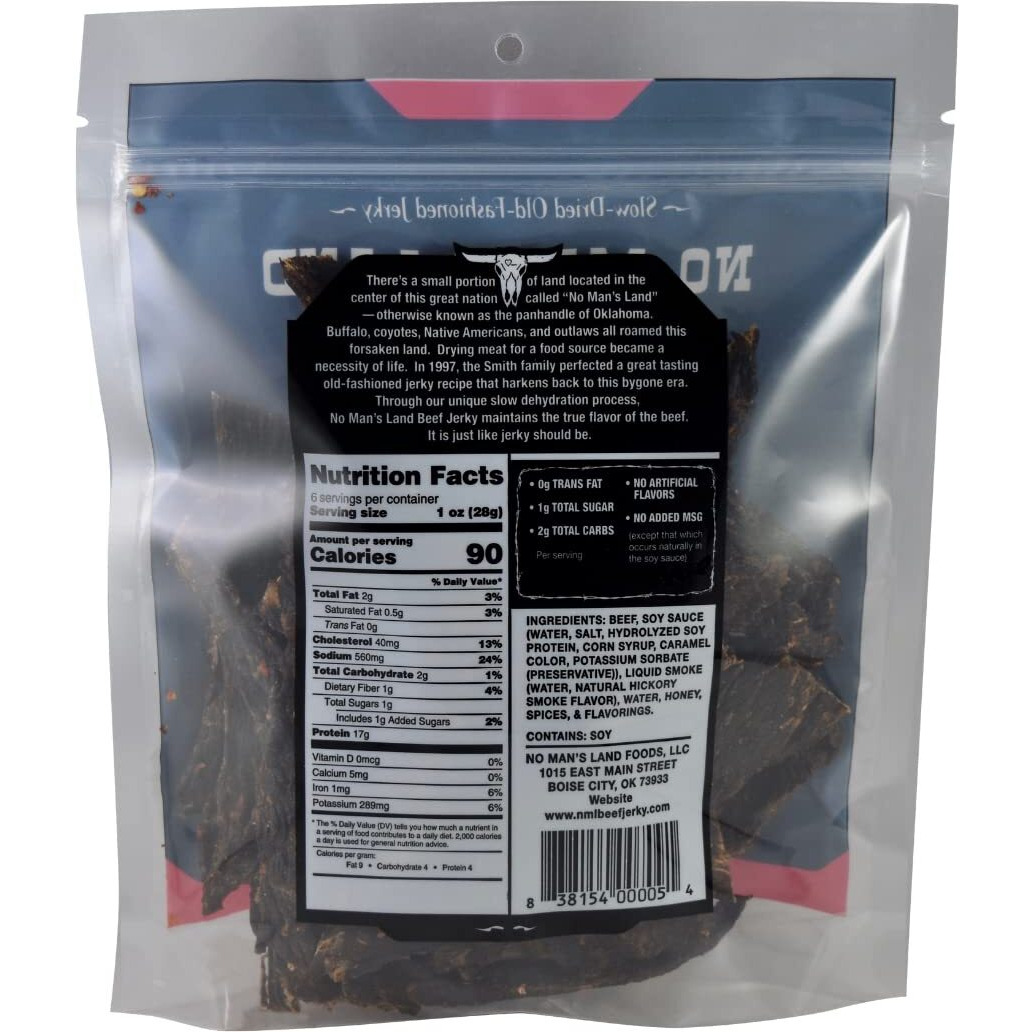 No Mans Land Hot Beef Jerky High Protein Low Calorie Low Carb Beef Snack 6.0Oz Bag