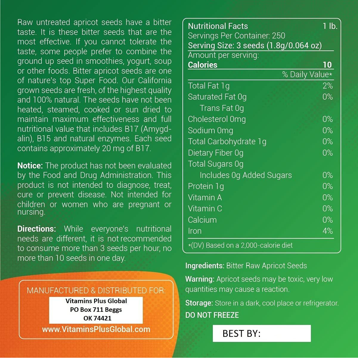 Apricot Kernels (Seeds) 2Lb / 32Oz Bag (Resealable) Raw And Bitter