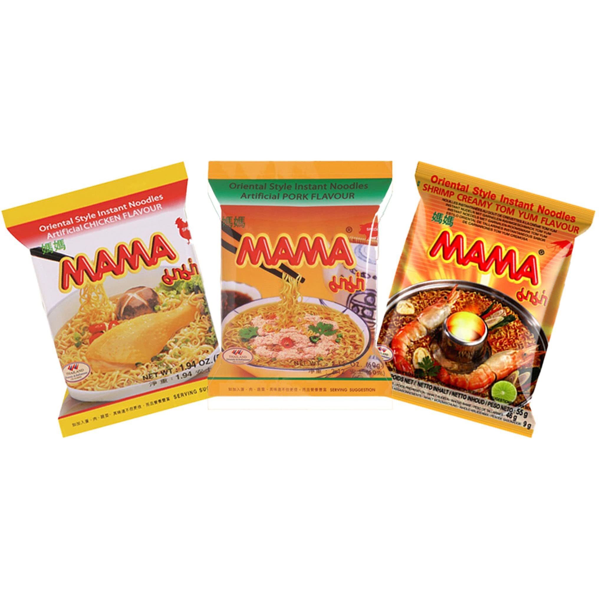 Mama Ramen Style Instant Oriental Noodles Variety 30 Pack, Chicken, Pork, Creamy Shrimp