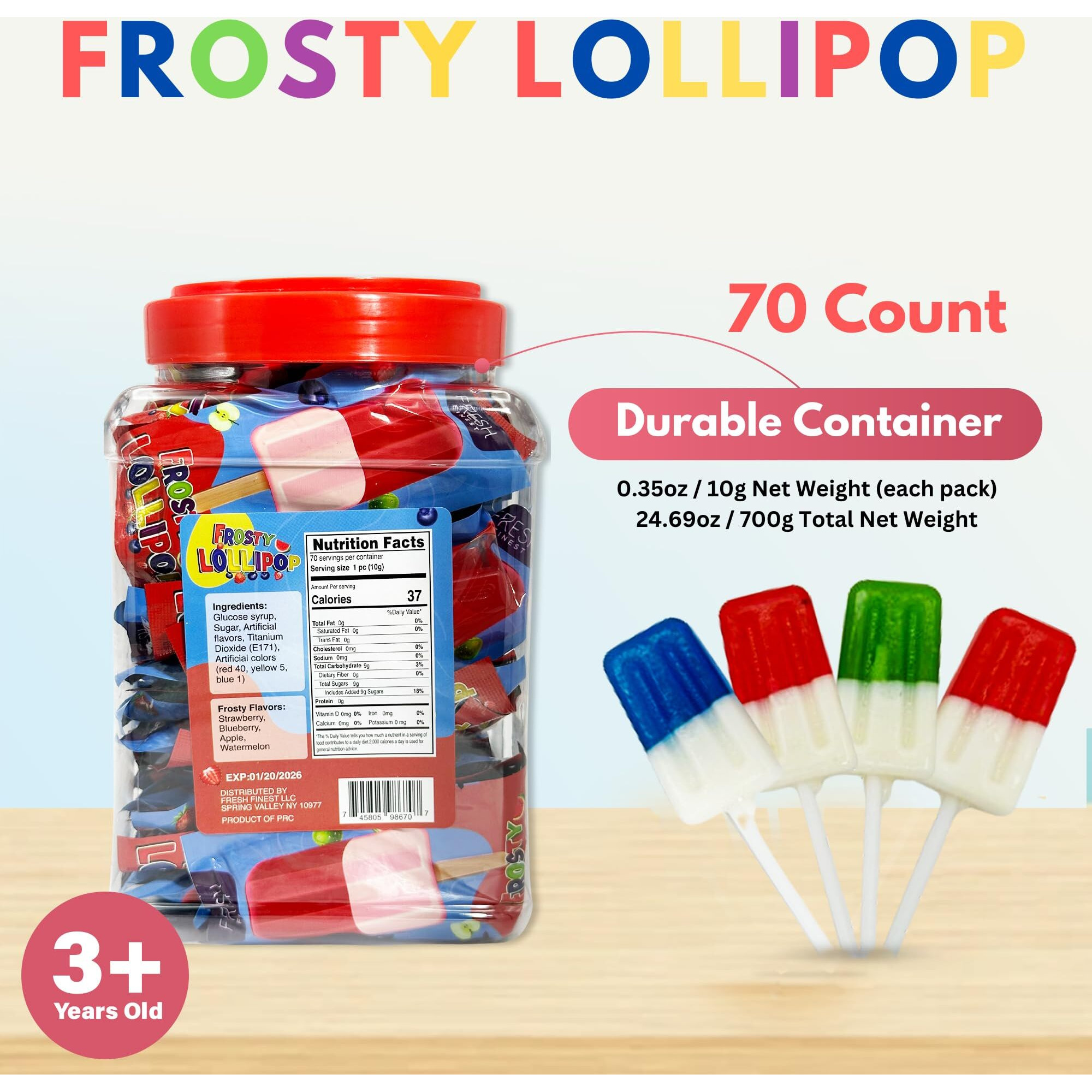 Fresh Finest Popsicle Shaped Ice Cream Lollipops - Individually Wrapped Suckers, Multicolor Lollipops Best For Summer, Goodie Bags, Party Favors - 70 Pack Bulk