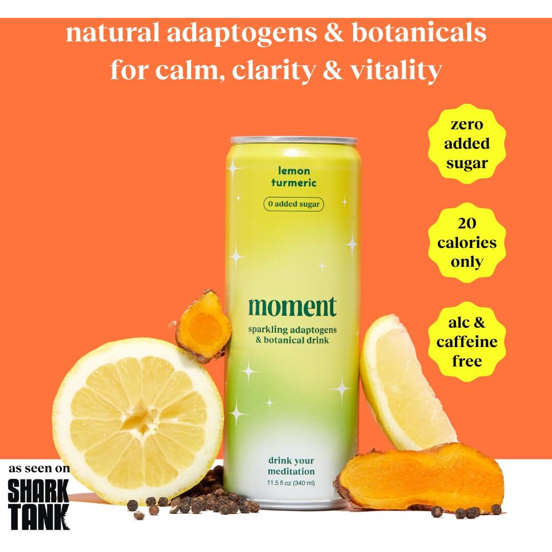 Moment Adaptogen Drink (Shark Tank) | Lemon Turmeric Sparkling Soda | Flavored Sparkling Water | L-Theanine, Ashwagandha For Calm | Sugar Free Drinks, 0 Caffeine, 0 Alcohol | 12-Pack