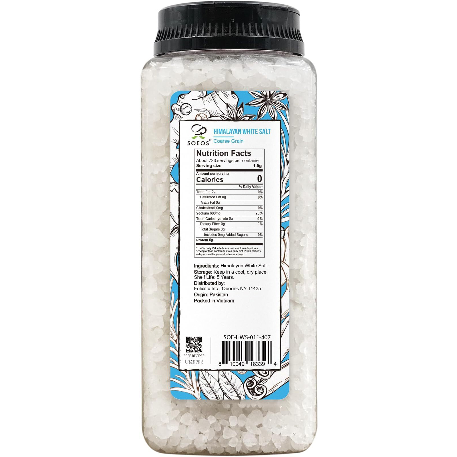 Soeos Sea Salt, Coarse Grain, 39 Oz (2.4 Pound), Non-Gmo, Nature Himalayan Kosher Salt, Sea Salt For Grinder Refill (Pack Of 1)