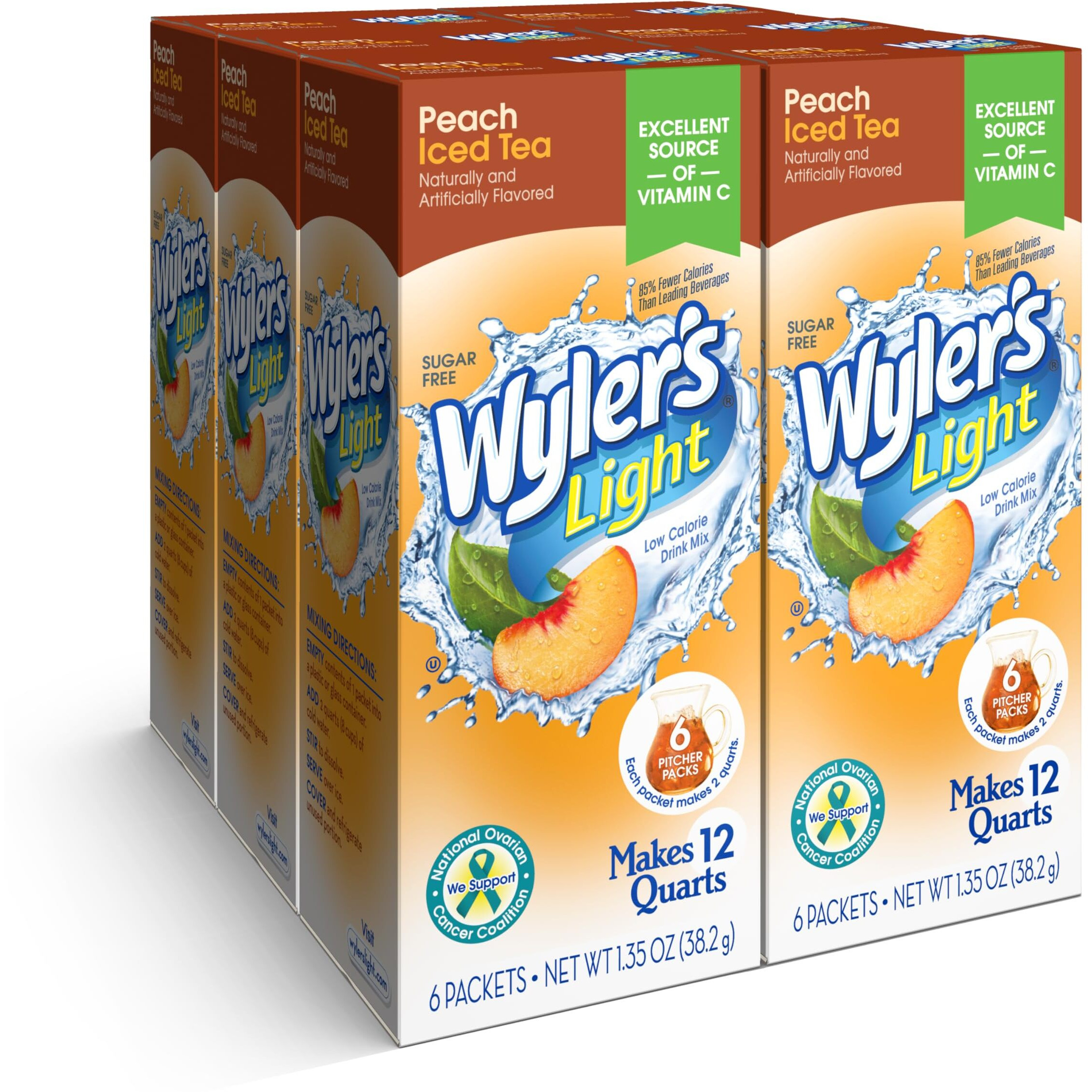 Wyler's Light Pitcher Packs, Water Drink Mix, Peach Iced Tea, 6 Boxes (36 Pitcher Packets)