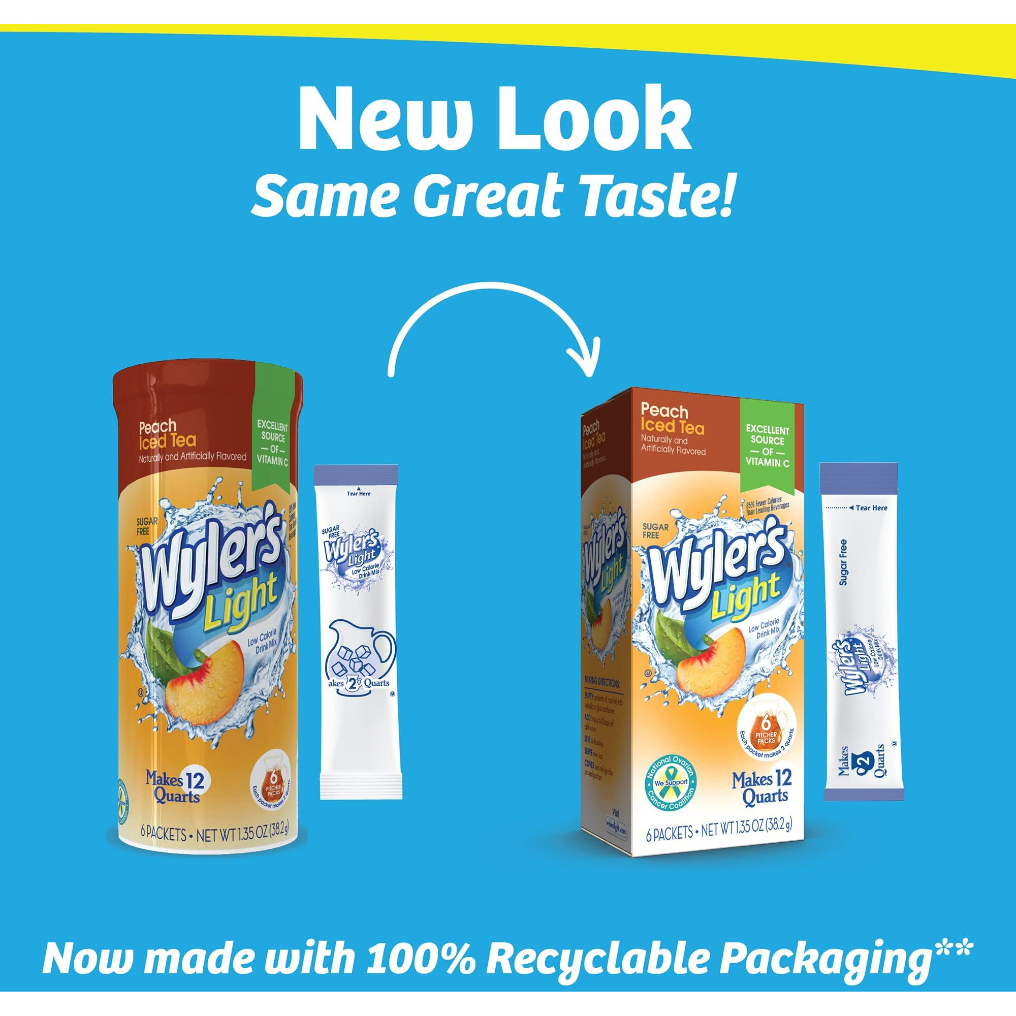 Wyler's Light Pitcher Packs, Water Drink Mix, Peach Iced Tea, 6 Boxes (36 Pitcher Packets)