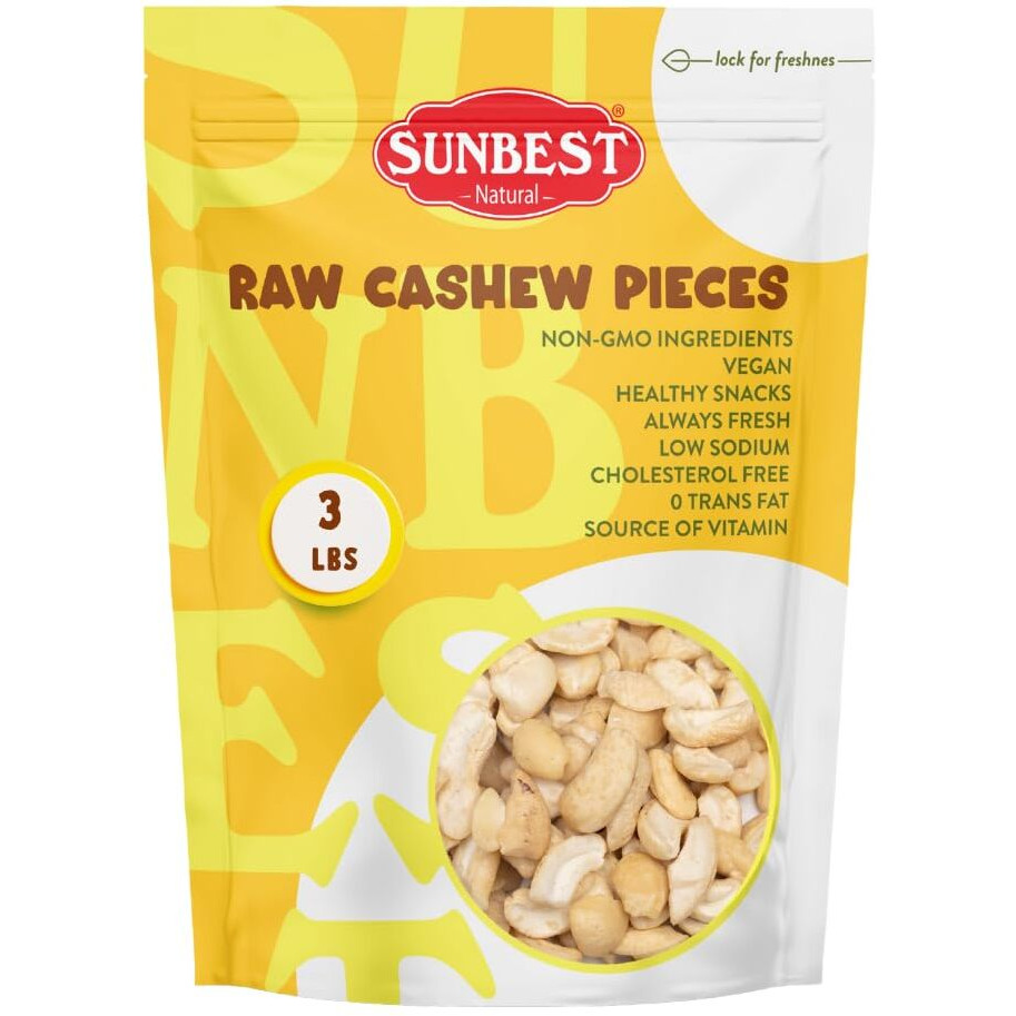 Sunbest Natural Raw Large Cashew Pieces 48 Oz (3 Lbs) 1 Pack - Unroasted & Unsalted For Cooking, Baking & Snacking - Fresh, Nutrient-Rich, Keto, Paleo & Vegan - Non-Gmo, Gluten-Free - Long-Lasting Freshness
