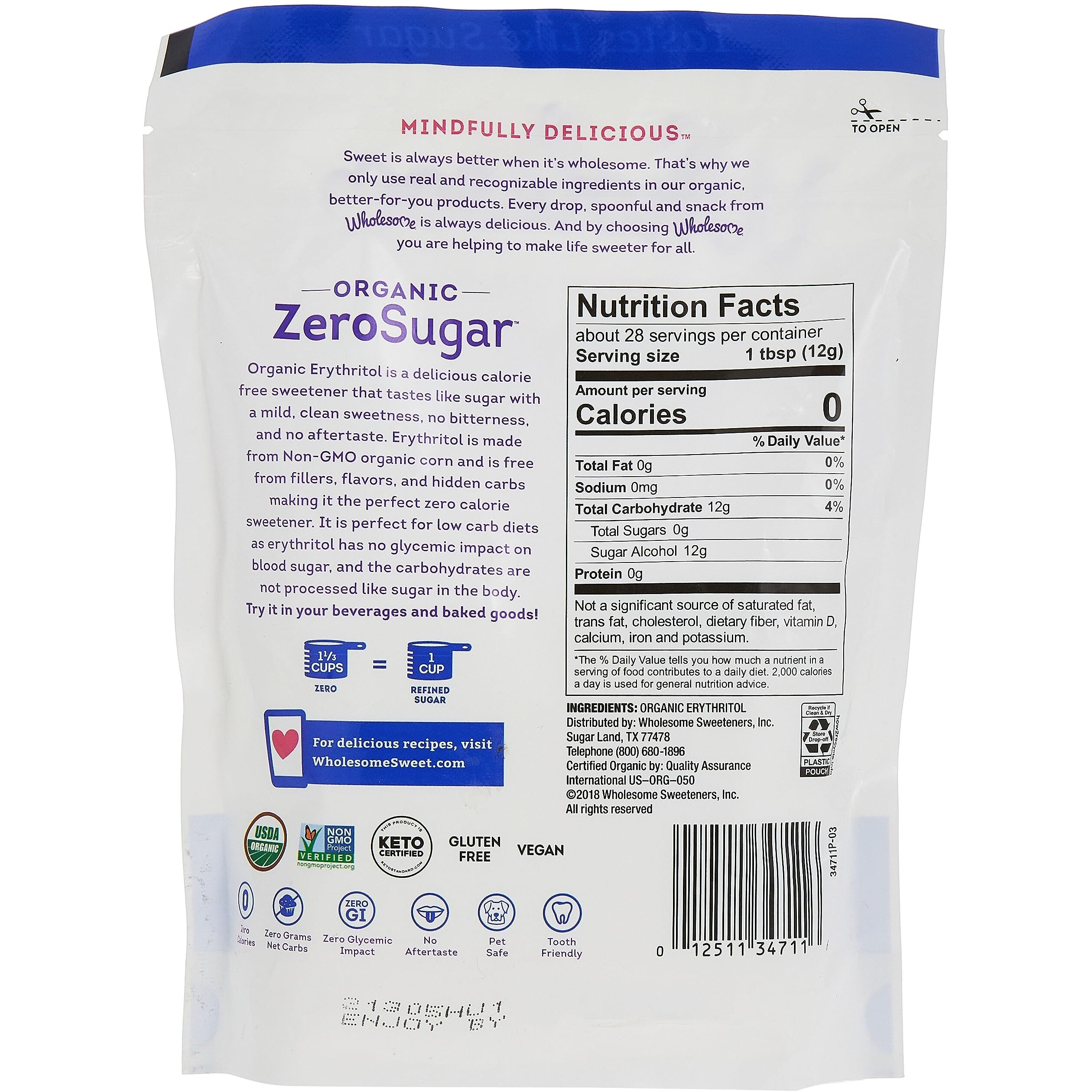 Wholesome Sweeteners 12-Ounce Organic Erythritol Sweetener, Zero Calorie Sweetener, Keto Friendly, Non Gmo, Gluten Free & Vegan Sweetener, 8 Pack