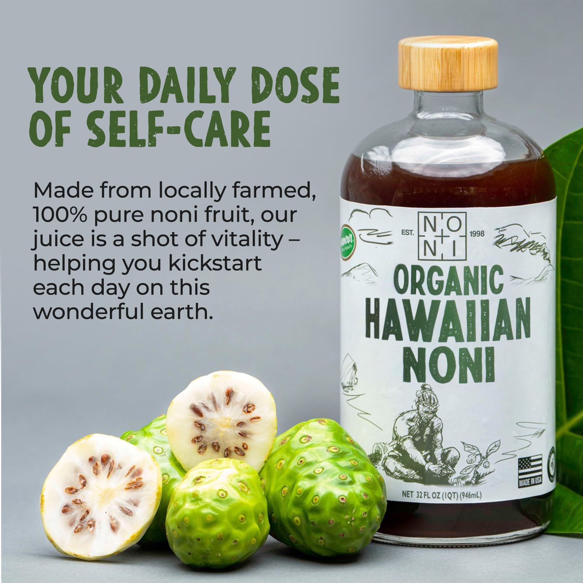 Healing Noni - 2-Pack Glass Bottle 32Oz - 100% Pure Hawaiian Organic Noni Juice - All-Natural Unsweetened Fresh Fruit - Farm Direct - Usda Certified