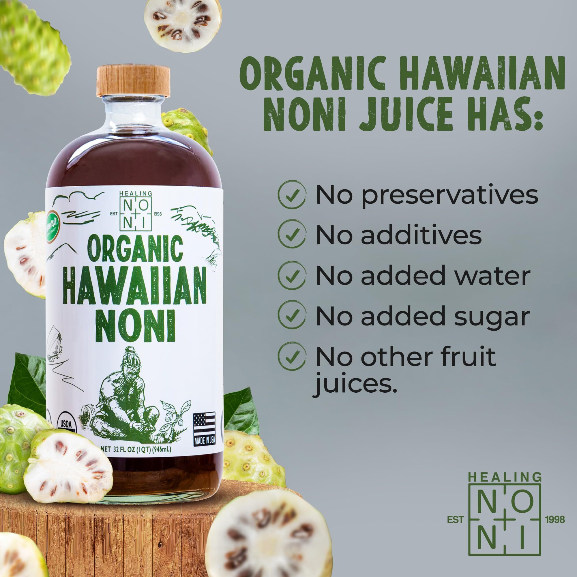 Healing Noni - 2-Pack Glass Bottle 32Oz - 100% Pure Hawaiian Organic Noni Juice - All-Natural Unsweetened Fresh Fruit - Farm Direct - Usda Certified