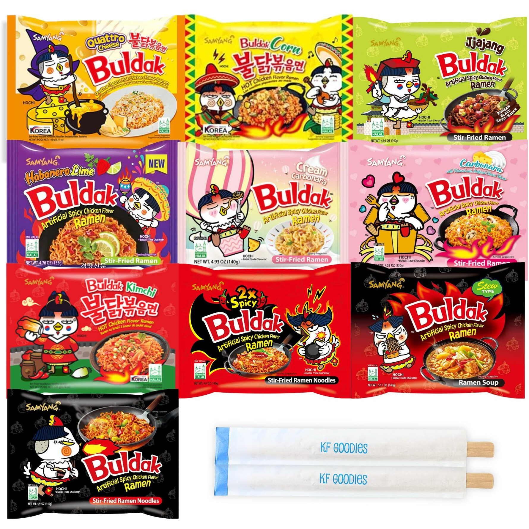 Samyang Buldak Hot Spicy Chicken Ramen Noodle Korean Stir-Fried Ramen, 1 Pack For Each Flavor (10, Carbonara, Cream Carbonara, Kimchi, Stew, Jjajang, 2X Spicy, Habanero Lime, Corn, Quattro Cheese, Original)