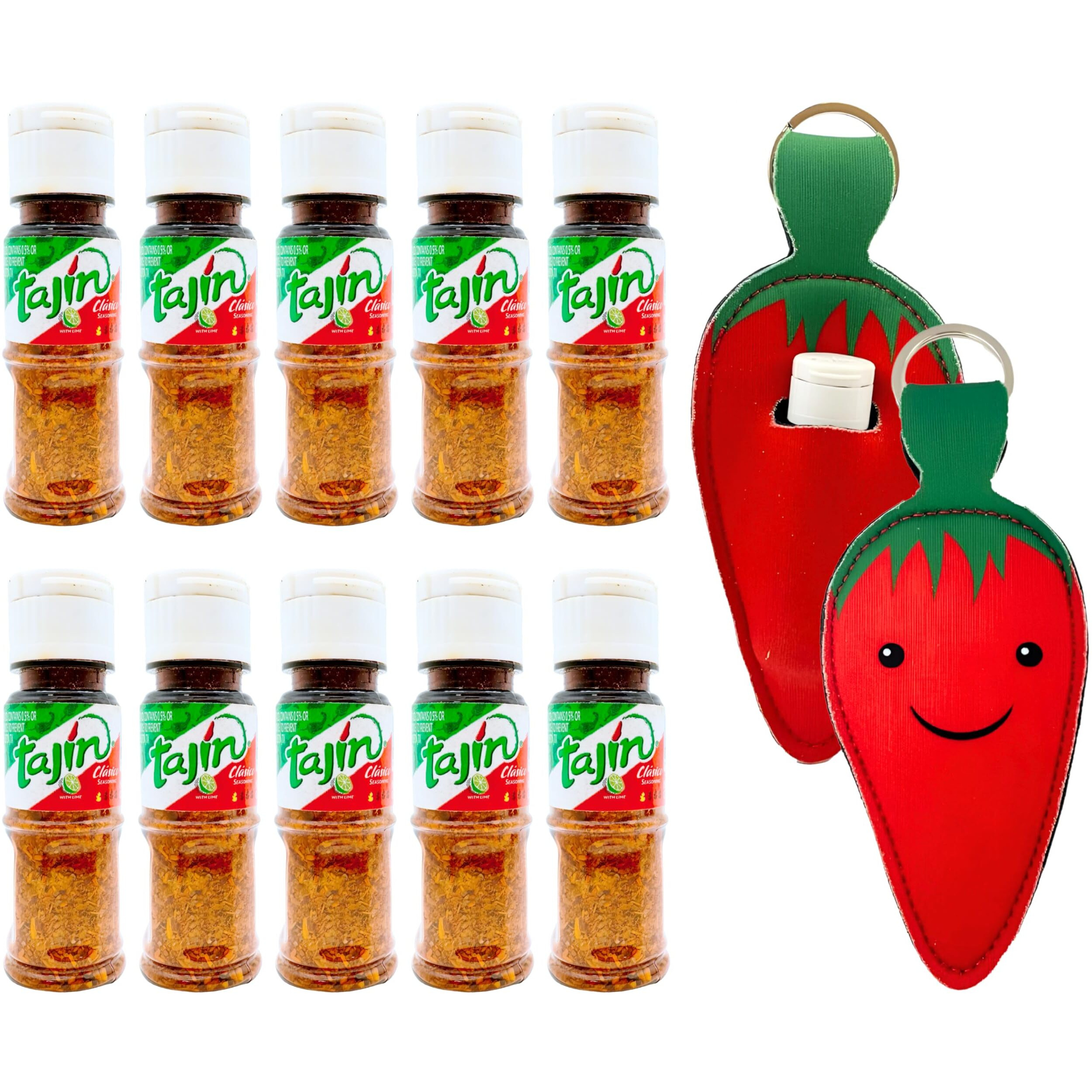 10 Mini Tajin Classic Seasoning Compact, Mexican Seasoning, 2.5 Inch Pocket-Sized Mini Tajin Bottles With Red Pepper Design Keychain Holder, Tajin Packets For Authentic Flavor, Convenient Dispensing, Great Gift, Enhance Your Snacking, No Mess, Perfect For Traveling
