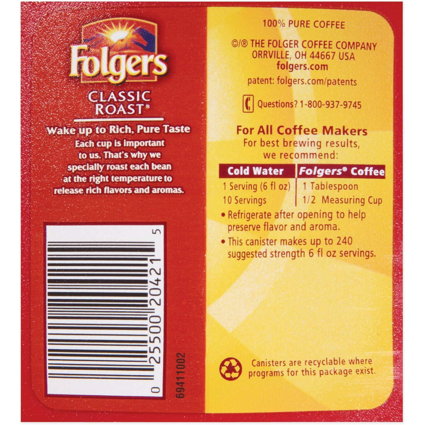 Folgers Coffee, Classic Roast, Ground, 30.5 Oz Canister, 6/Carton