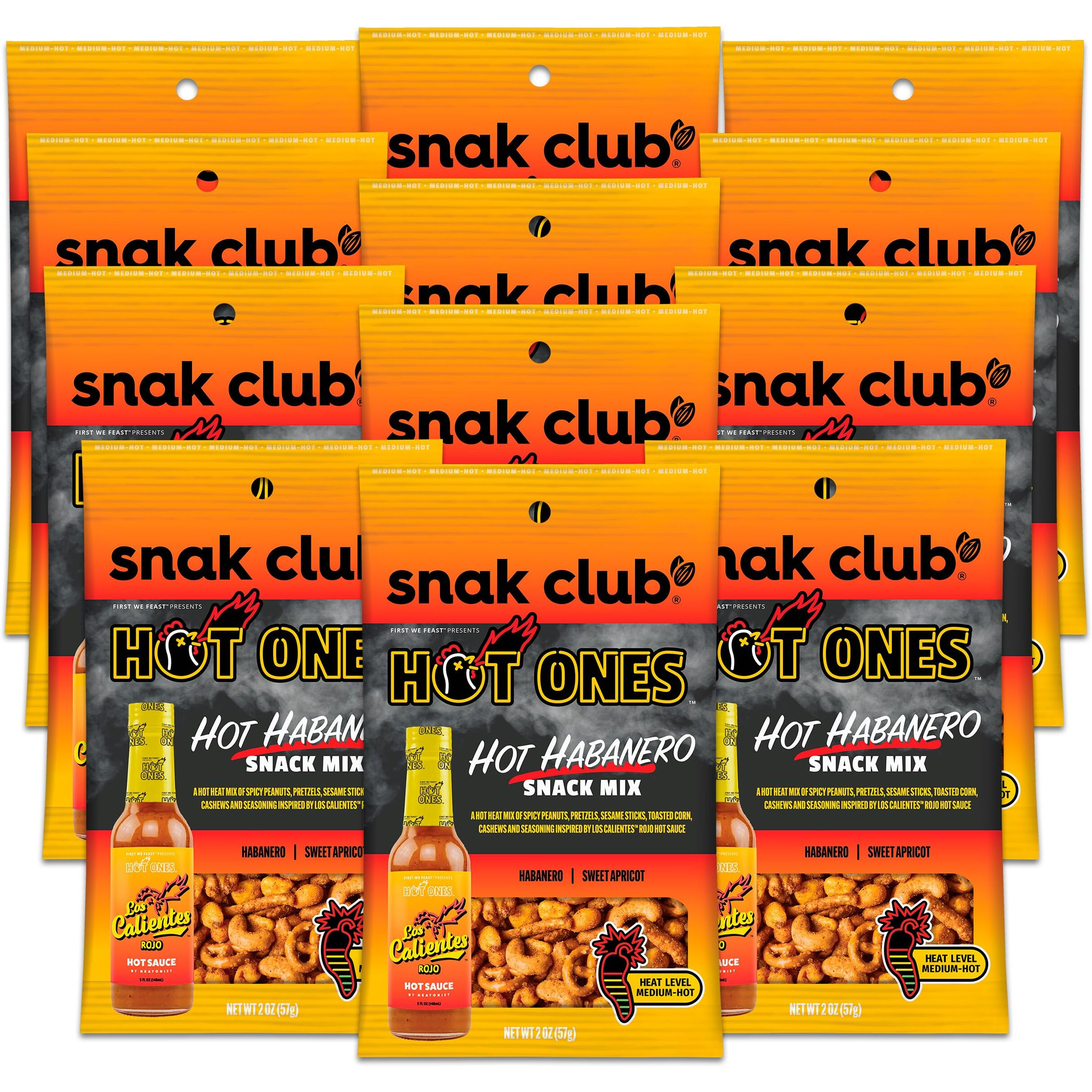 Snak Club X Hot Ones Snack Mix, Hot Habanero, Spicy Snacks With Peanuts, Pretzels, Sesame Sticks, Toasted Corn, Cashews, Inspired By Hot Ones, Vegan Snacks, 2 Oz Bags, 12 Pack