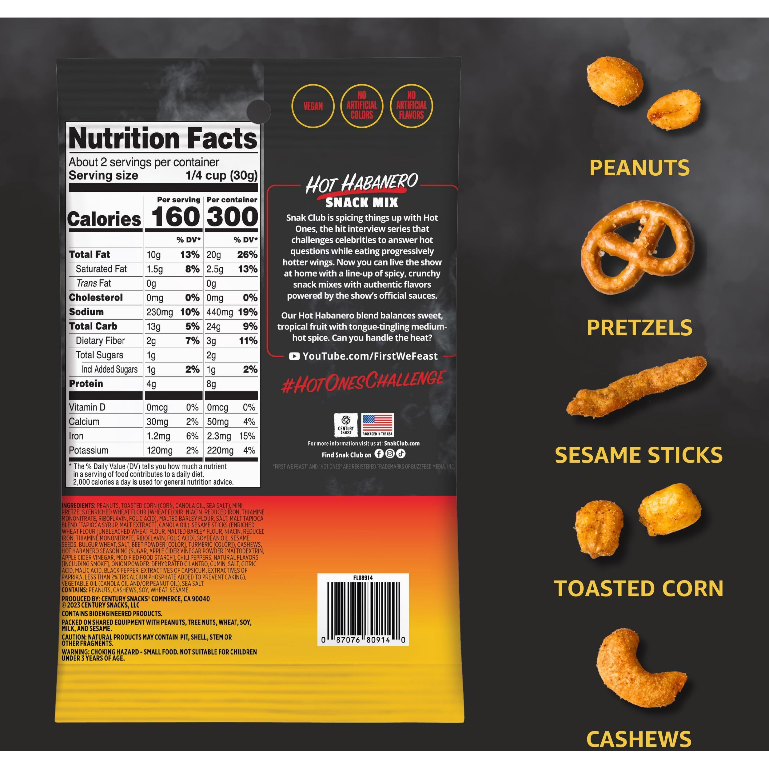 Snak Club X Hot Ones Snack Mix, Hot Habanero, Spicy Snacks With Peanuts, Pretzels, Sesame Sticks, Toasted Corn, Cashews, Inspired By Hot Ones, Vegan Snacks, 2 Oz Bags, 12 Pack