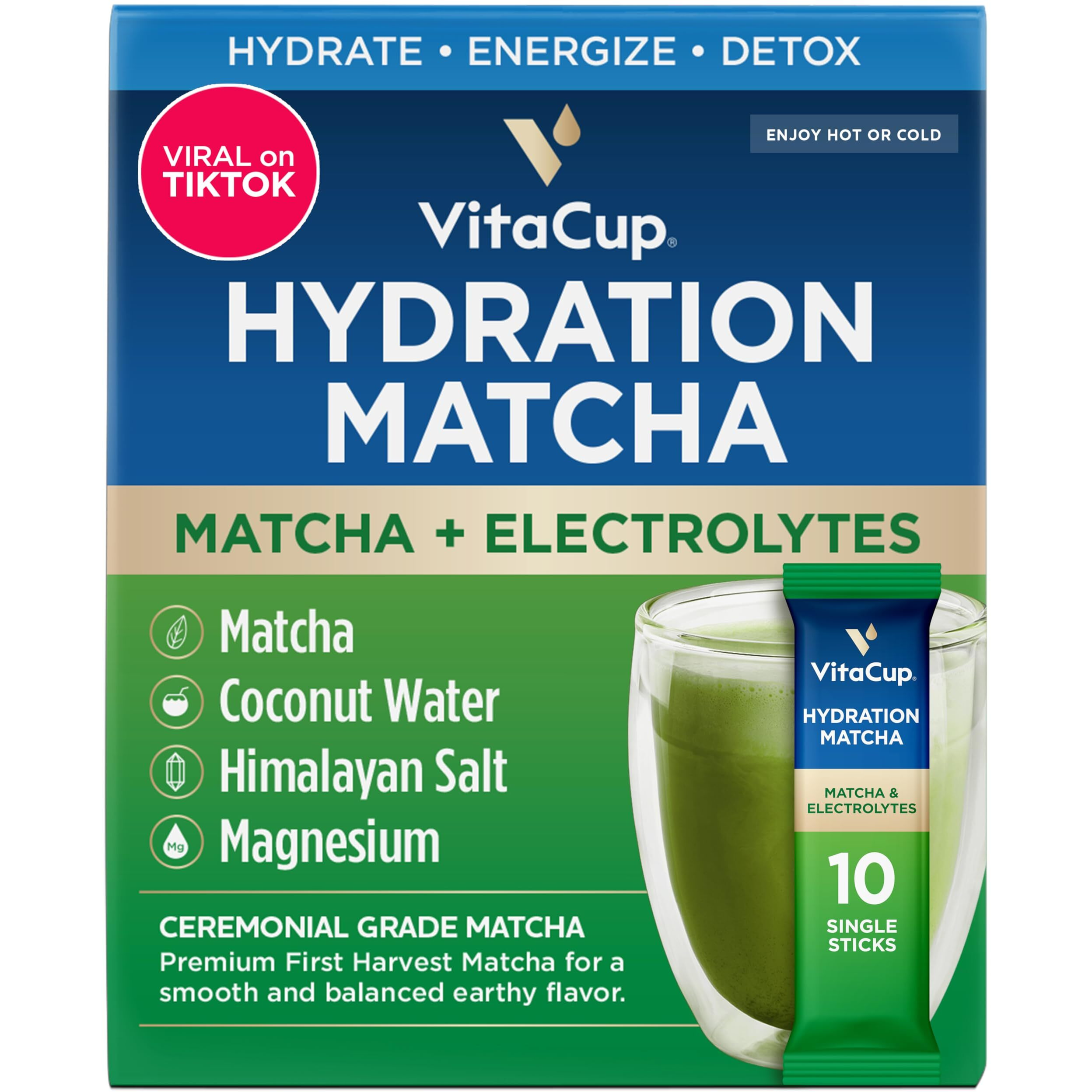 Vitacup Hydration Matcha Instant Packets, For Natural Energy And Detox, W/Electrolytes, Ceremonial Grade Organic Matcha, Coconut Water, Pink Himalayan Salt, Magnesium, In Single Serve Sticks, 10 Ct