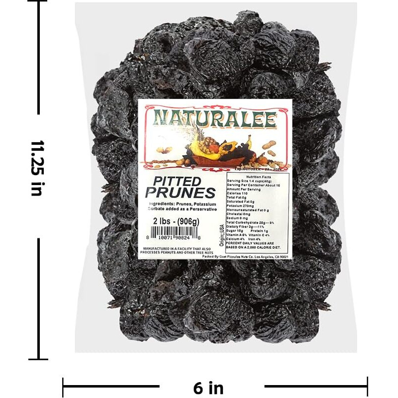 Naturalee Dried Prunes 2 Lb - Pitted - No Added Sugar - Gluten Free, Vegan, High Fiber Snack
