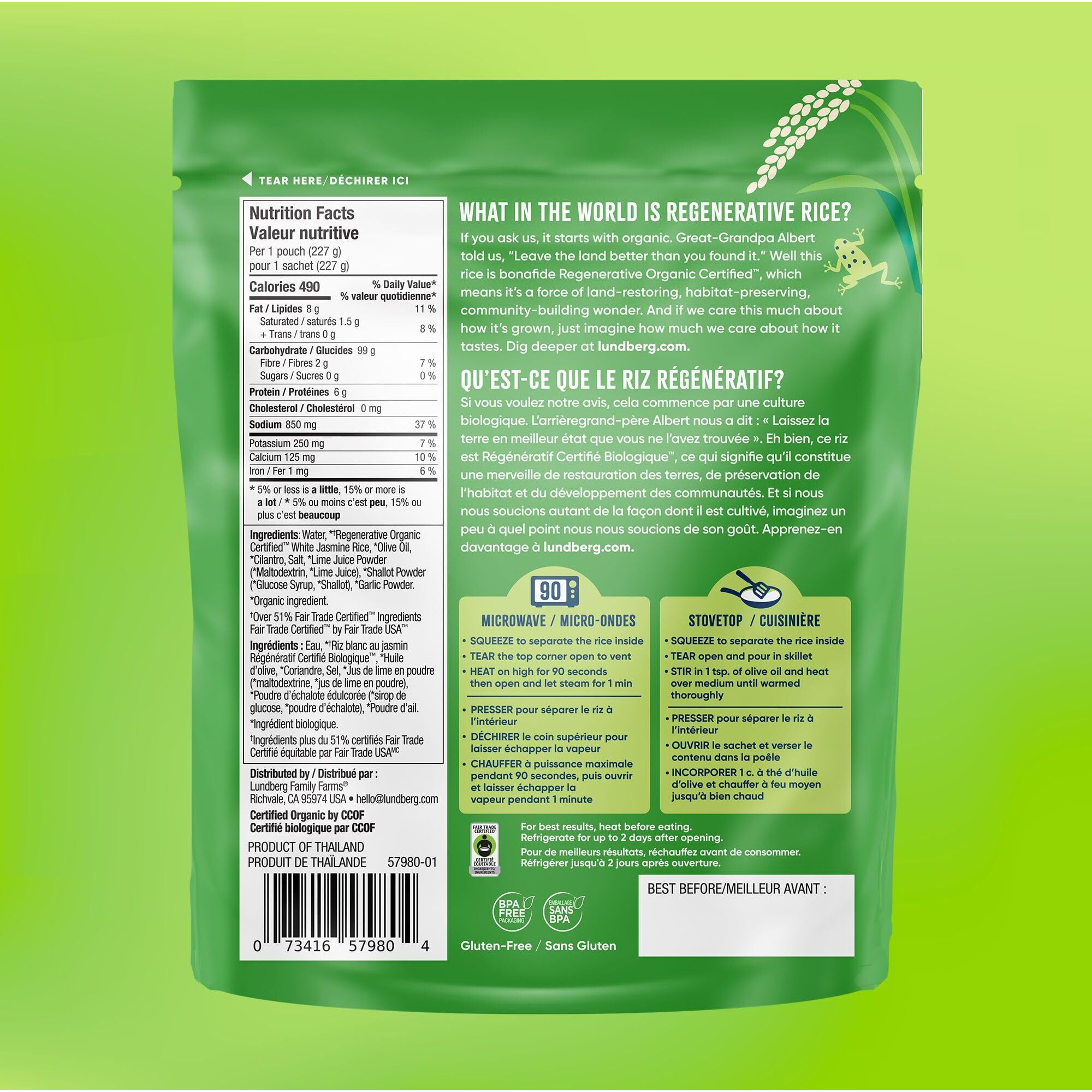 Lundberg Cilantro Lime Rice, Ready In 90 Seconds - Regenerative Organic Certified White Jasmine Rice, Microwavable, Fluffy, Non-Sticky, Lightly Seasoned Organic Rice, 8 Oz (Pack Of 6)