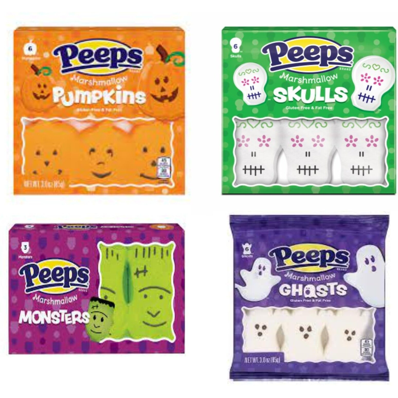 Pack Of 4 - Halloween Peeps Variety - Ghosts, Monsters, Pumpkins, And Skulls, 3 Oz