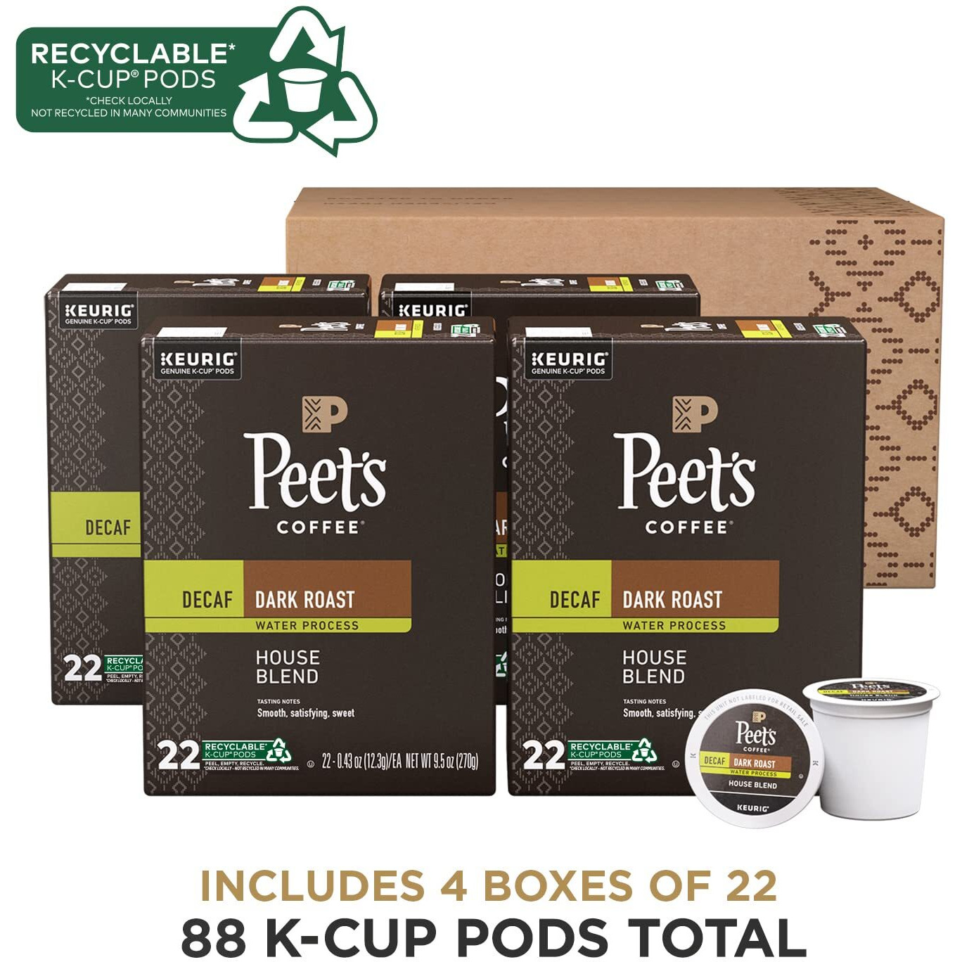 Peet's Coffee, Dark Roast Decaffeinated Coffee K-Cup Pods For Keurig Brewers - Decaf House Blend 88 Count (4 Boxes Of 22 K-Cup Pods)