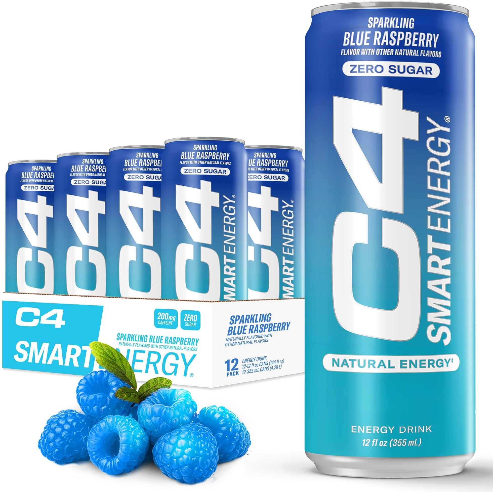 C4 Smart Energy Drink - Boost Focus And Energy With Zero Sugar, Natural Energy, And Nootropics - 200Mg Caffeine - Blue Raspberry (12Oz Pack Of 12)