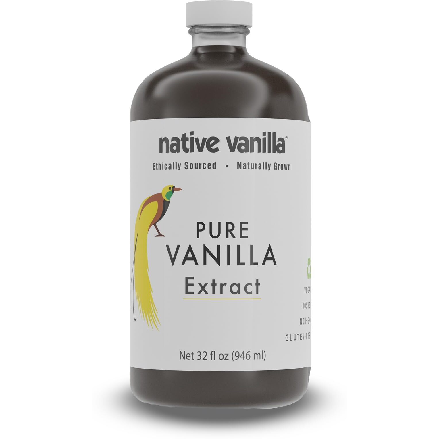 32 Oz Pure Vanilla Extract - 100% Real Vanilla Extract - For Cooking, Drinks & Desserts - 100% Vegan, Sugar Free & Kosher - Non-Gmo & Gluten-Free - Native Vanilla