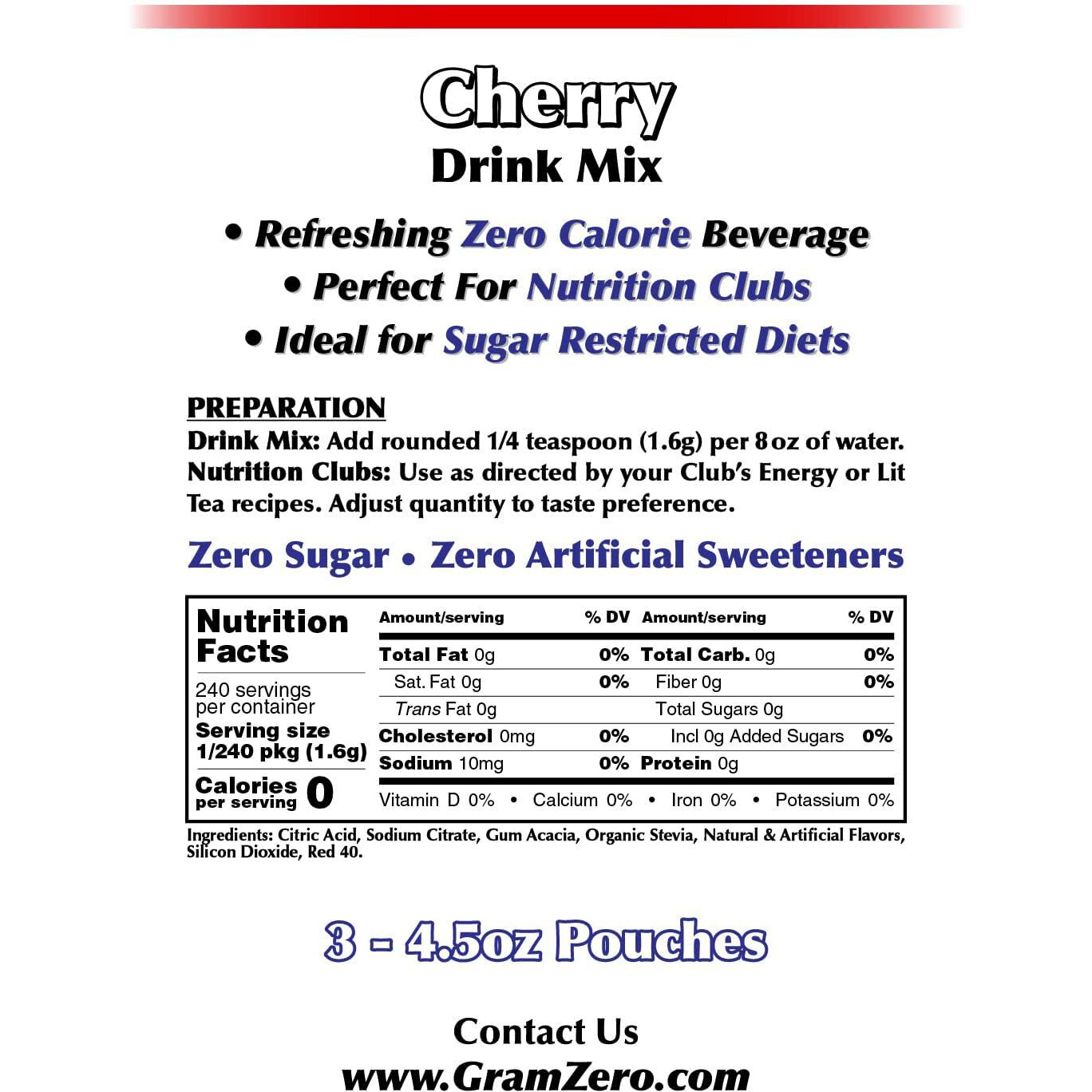 Gramzero Cherry Zero Calorie Sugar Free Drink Mix, Great For Nutrition Club Loaded Teas, Stevia Sweetened
