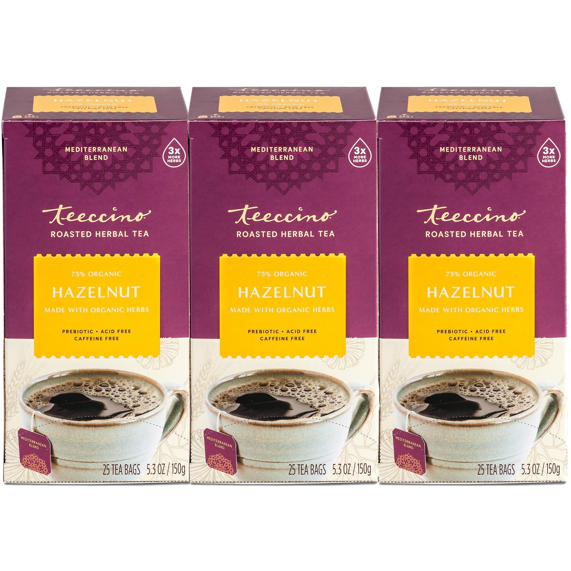 Teeccino Hazelnut Herbal Tea - Rich & Roasted Herbal Tea Thats Caffeine Free & Prebiotic For Natural Energy, 25 Tea Bags (Pack Of 3)