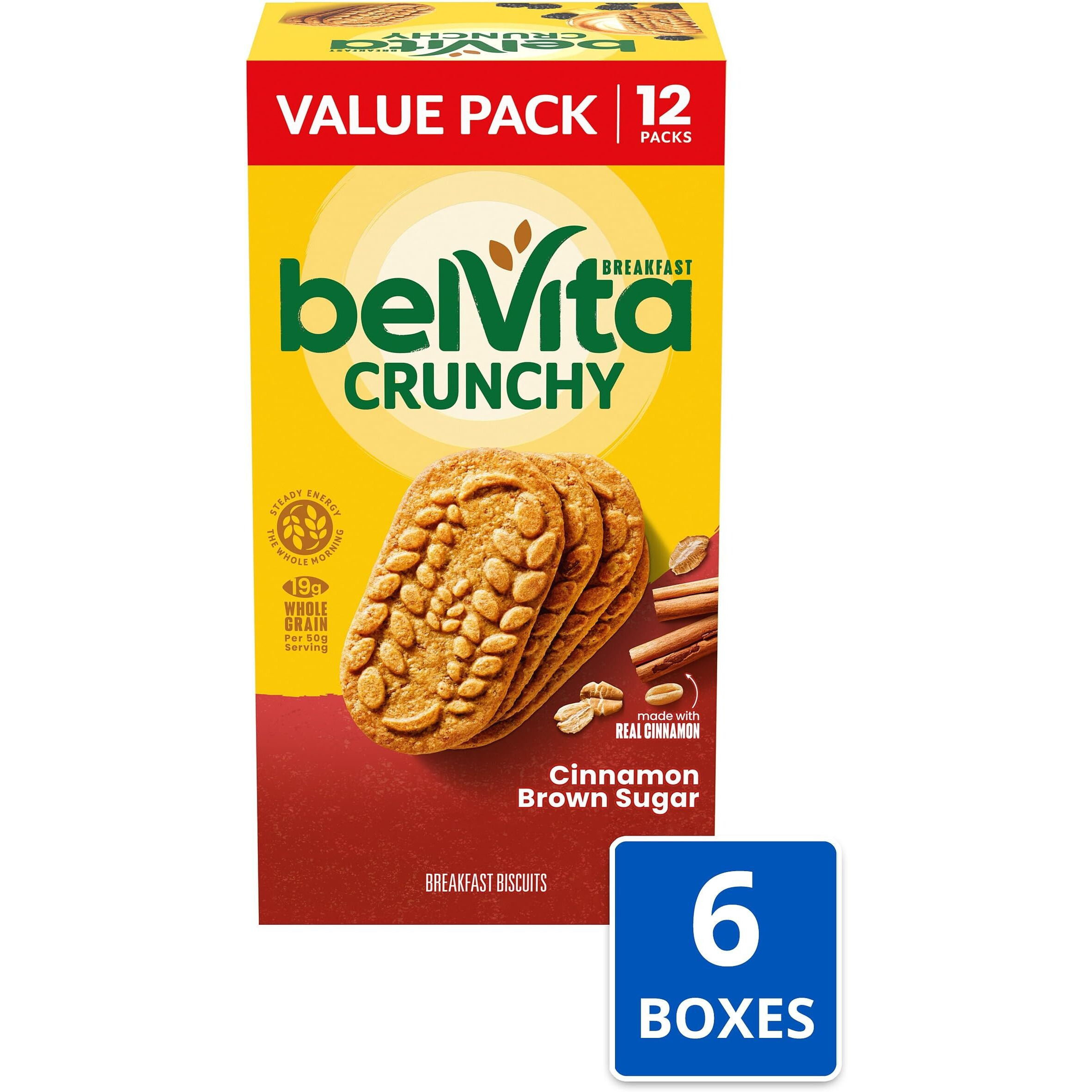 Belvita Cinnamon Brown Sugar Breakfast Biscuits, Value Pack, 72 Total Packs, 6 Boxes (4 Biscuits Per Pack)