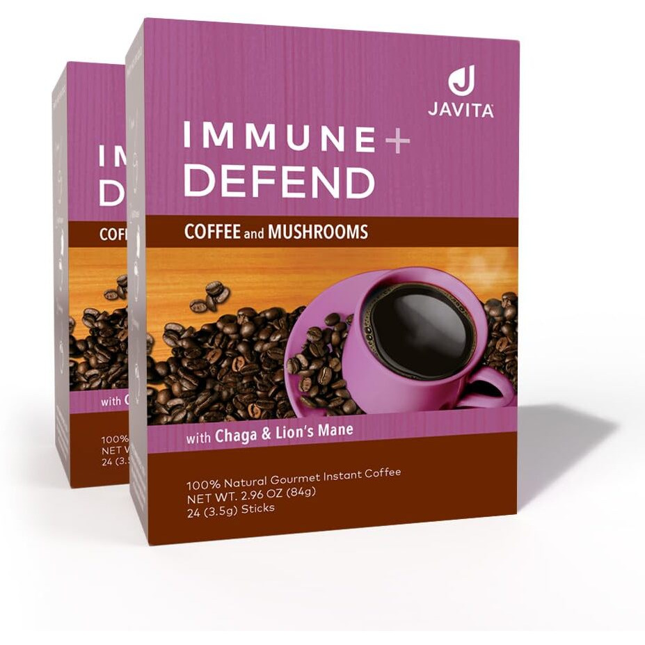 Javita Immune + Defend Mushroom Coffee - South American Dark Roast Robusta W/Chaga & Lions Mane, Overall Immune Health Support, Organic & Keto Friendly 24 (3.5G) Sticks, 2 Boxes