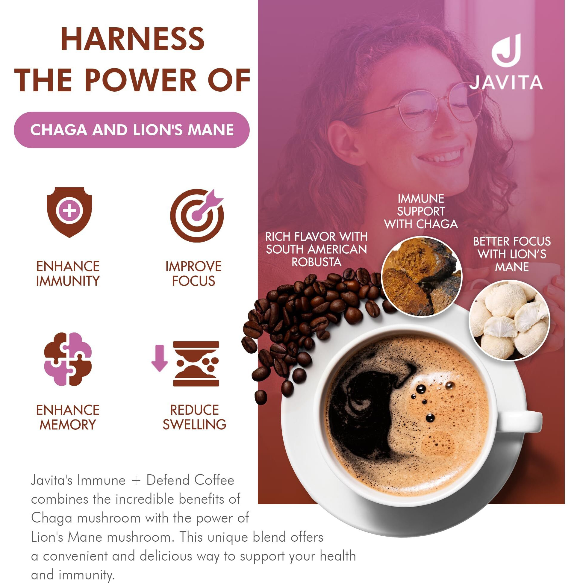 Javita Immune + Defend Mushroom Coffee - South American Dark Roast Robusta W/Chaga & Lions Mane, Overall Immune Health Support, Organic & Keto Friendly 24 (3.5G) Sticks, 2 Boxes