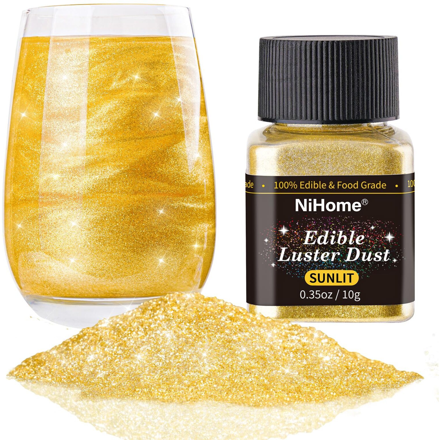Nihome Edible Food-Grade Glitter Powder Glimmer Luster Dust Metallic Fancy Food Decorating Sprinkle Glimmery Dust For Drink Wine Beverage Cake Bakery Vegan Allergen-Free (Sunlit, 0.35Oz/ 10G)