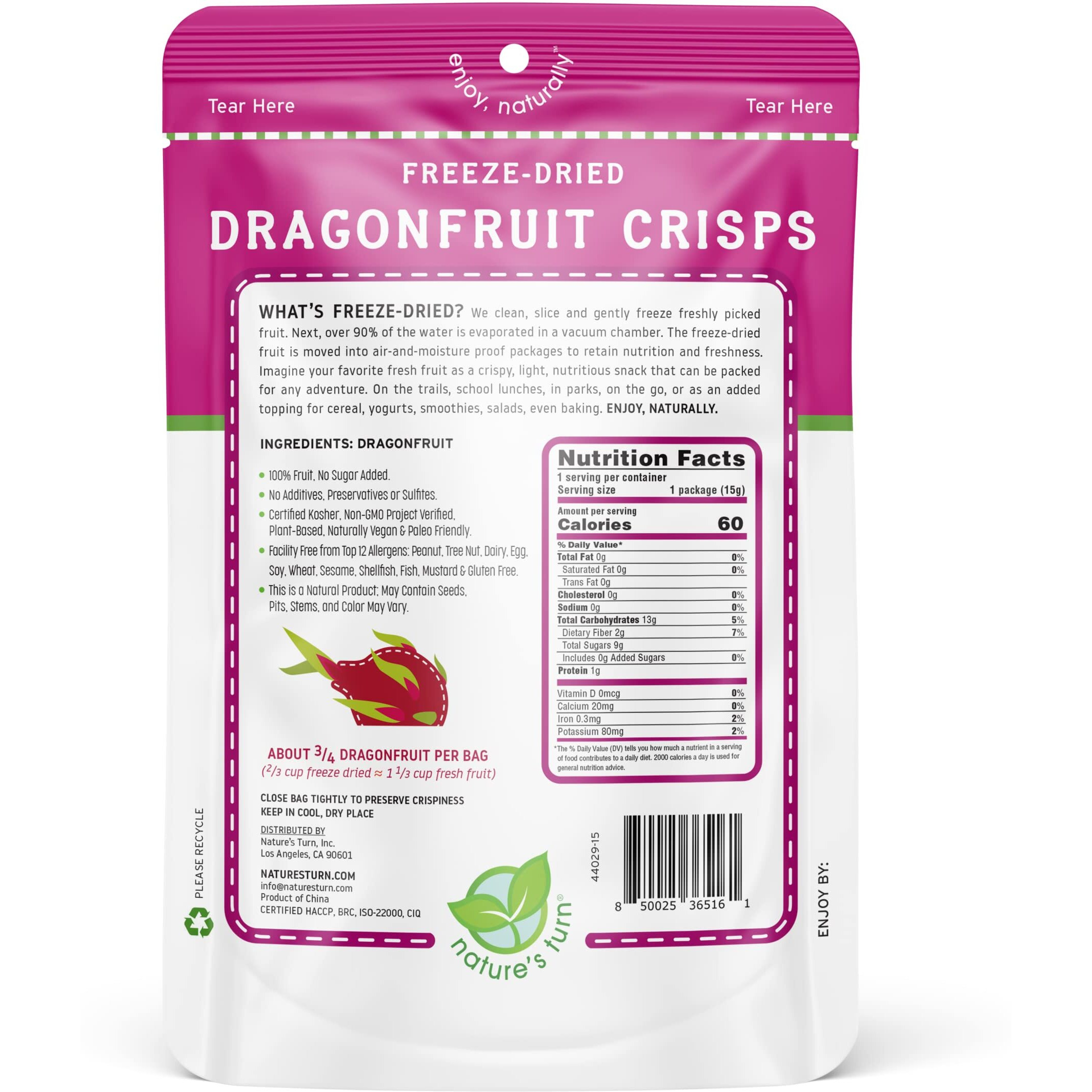 Natures Turn Freeze-Dried Fruit Snacks, Dragon Fruit Crisps, Pack Of 6 (0.53 Oz Each)