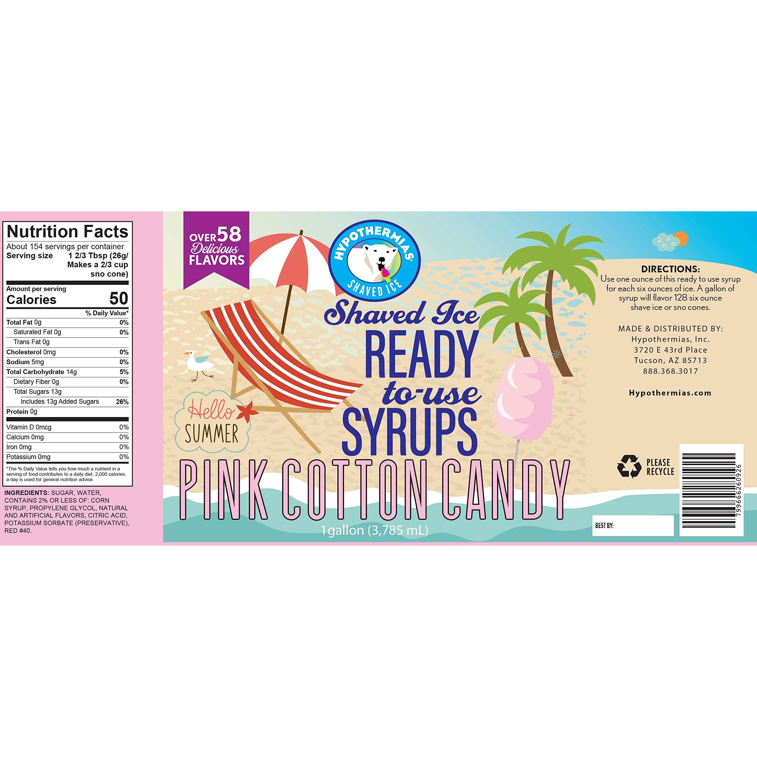 Hypothermias Pink Cotton Candy Ready To Use Gallon (128 Fl. Oz) Hawaiian Snow Cone Flavors Syrup - Shaved Ice, 100% Pure Cane Sugar