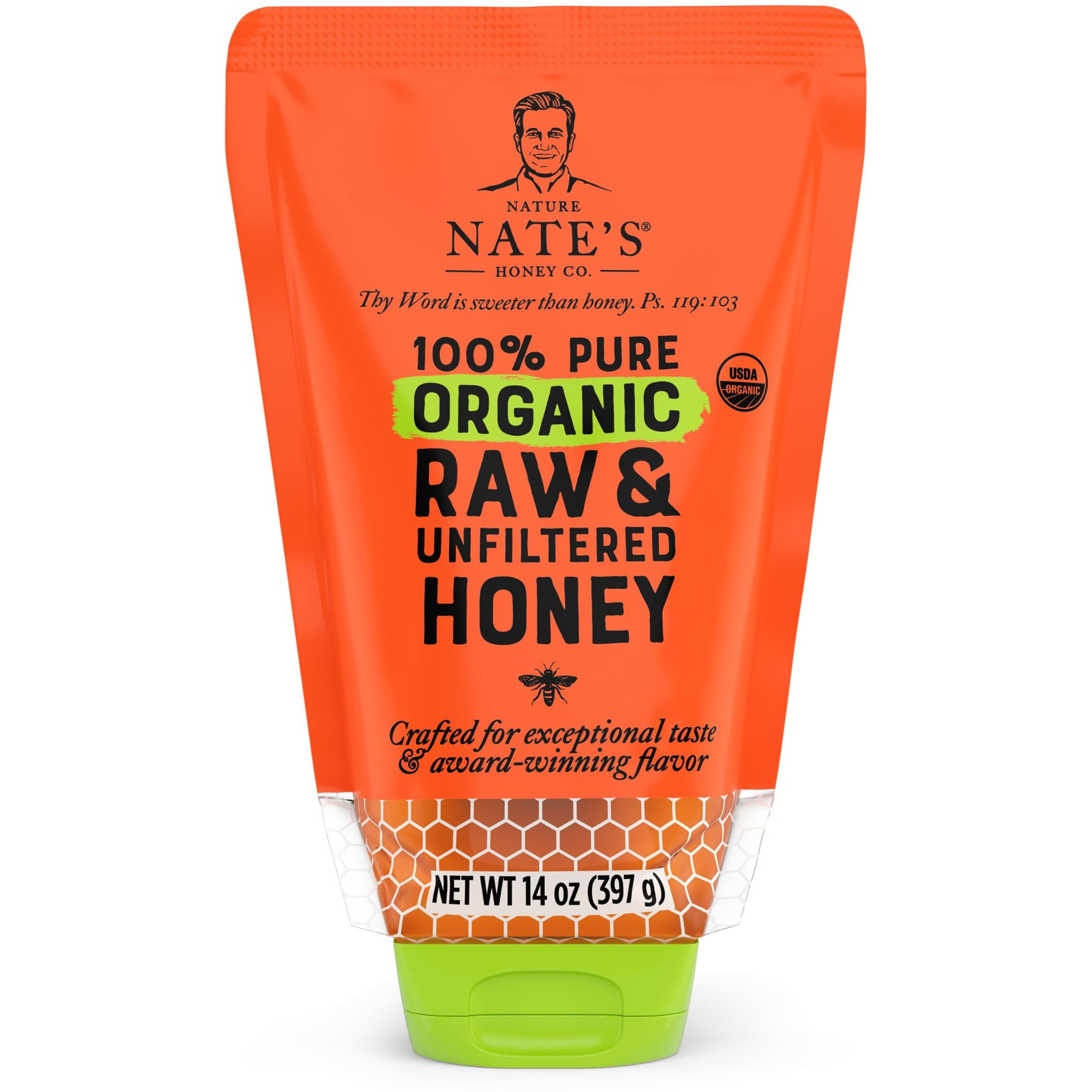 Nature Nate's 100% Pure Usda Organic Raw & Unfiltered Honey, 14 Oz. No-Drip Sustainable Squeeze Pouch Purity Guarantee, No Additives